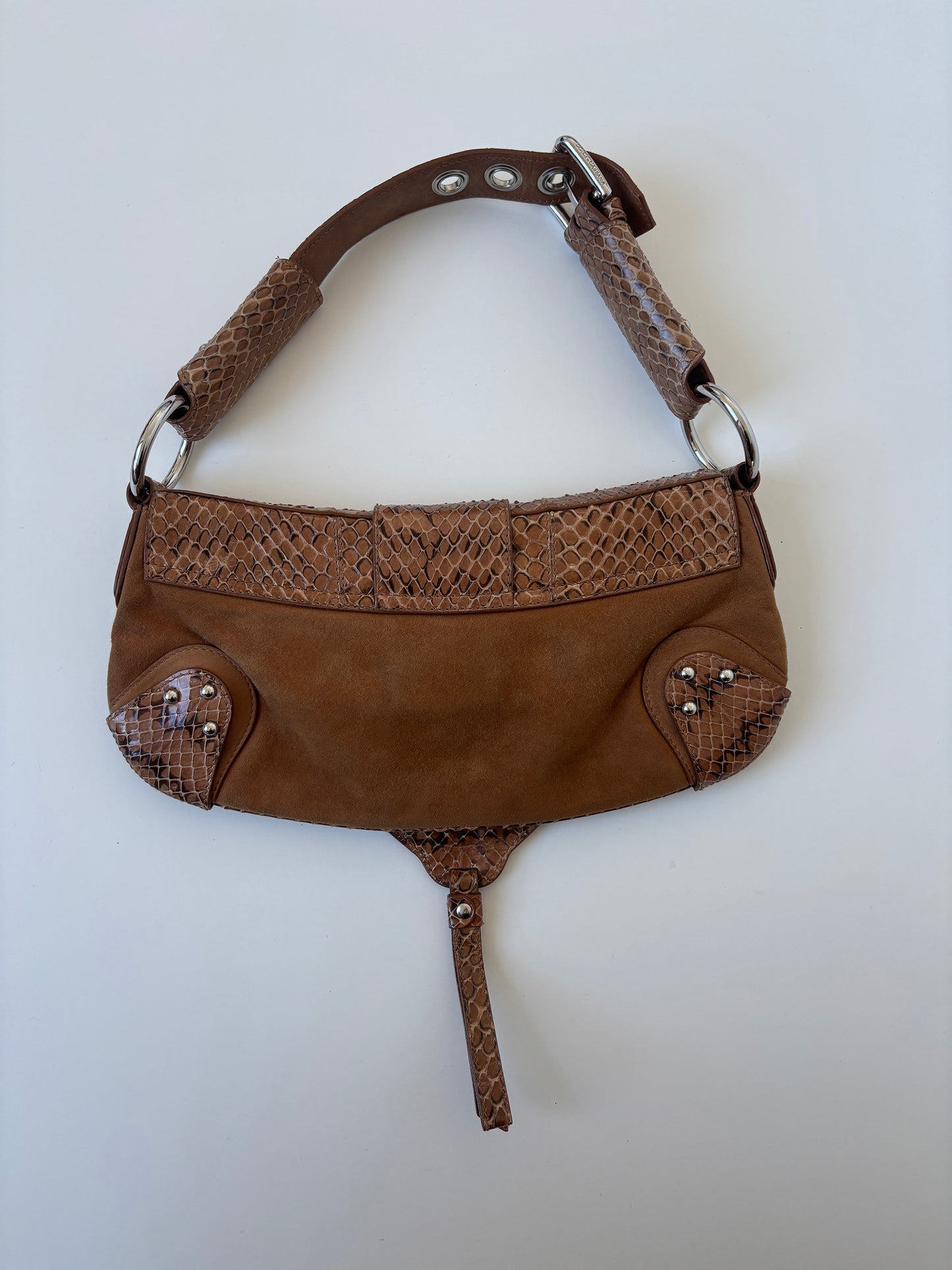 Dolce & Gabbana 2000s tan suede python D-Ring baguette bag