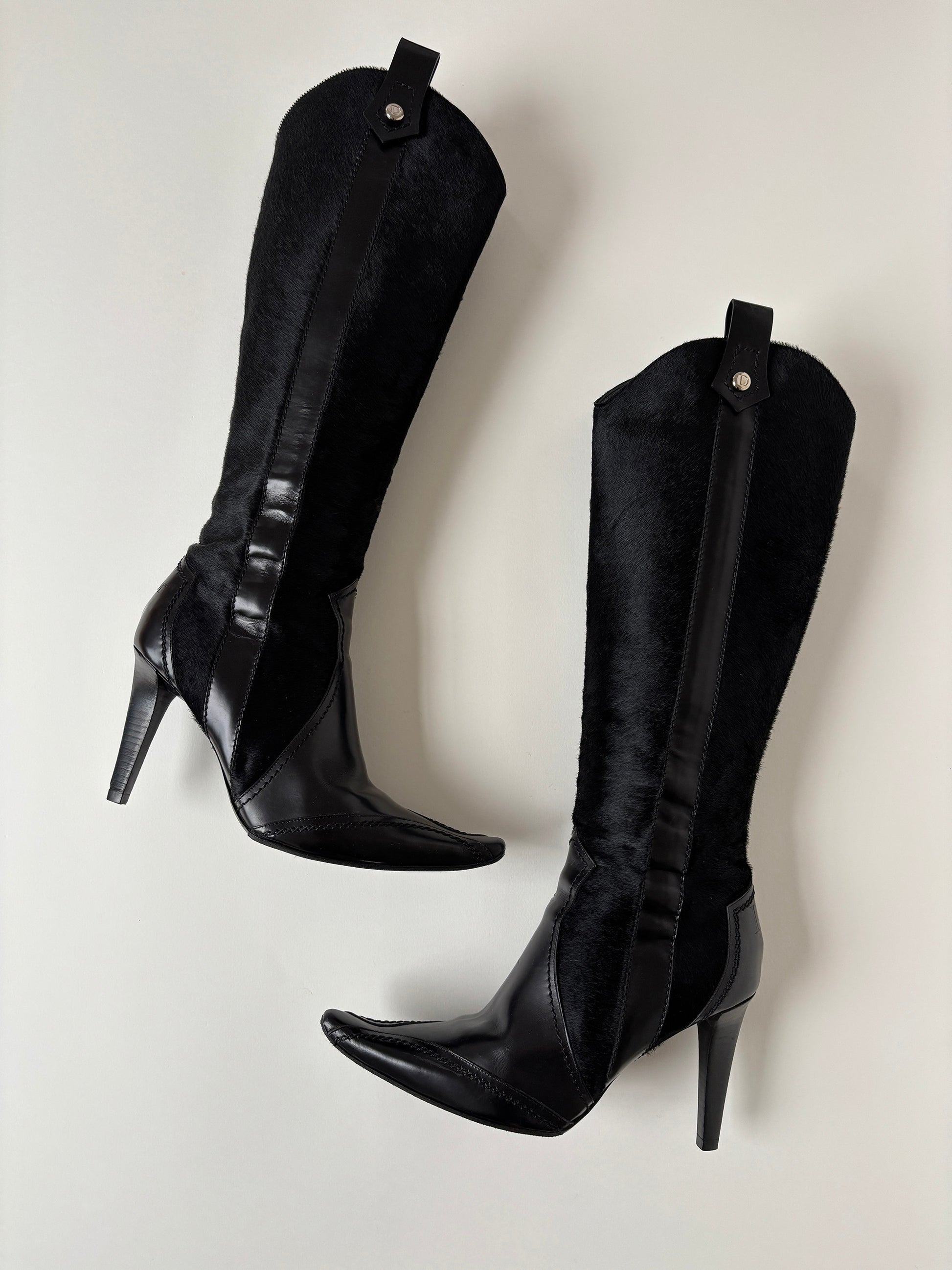 Vintage Christian Dior by John Galliano 2000s iconic black pony hair western boots. Very rare find.