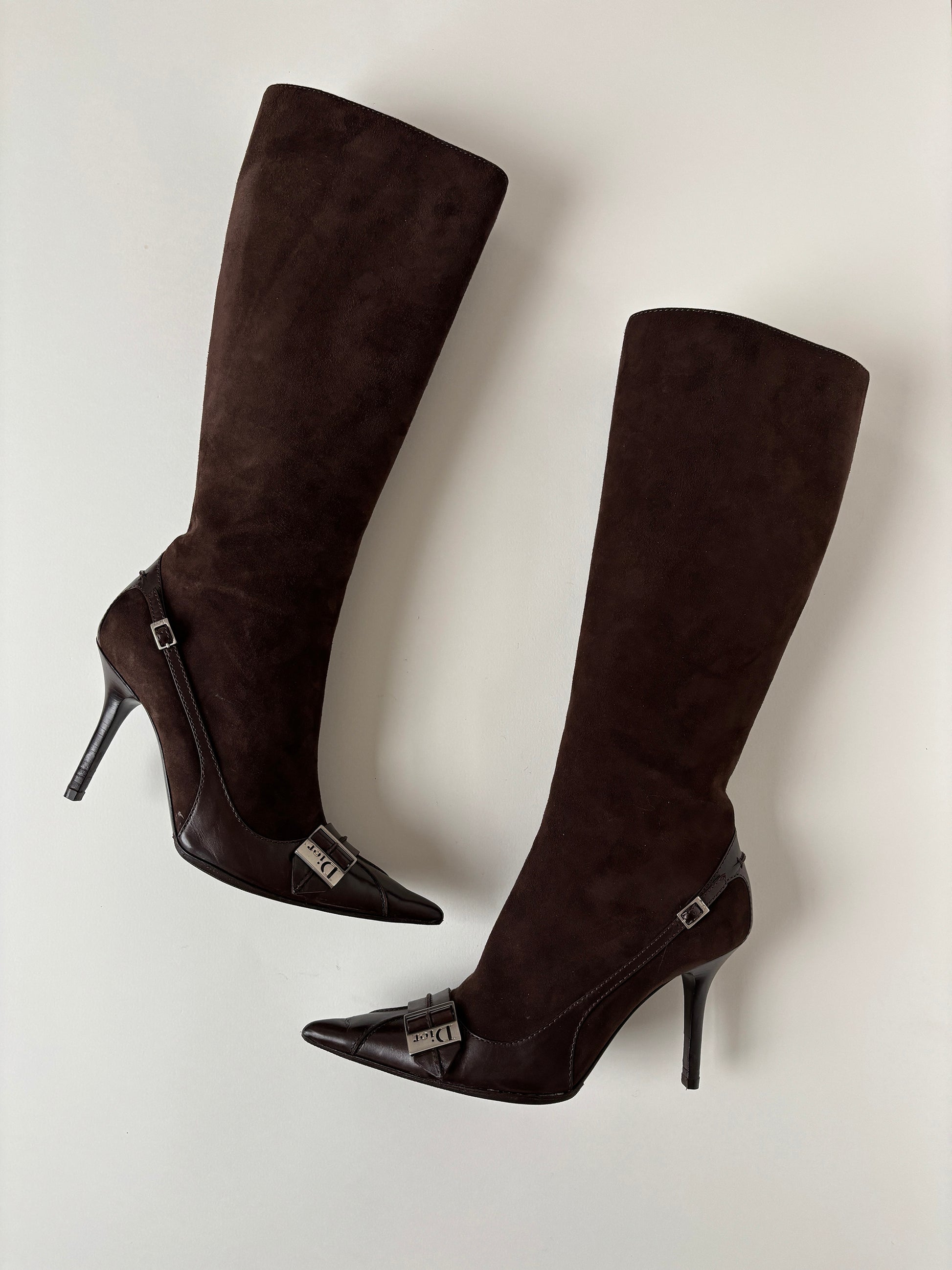 Vintage Christian Dior by John Galliano iconic rare dark suede leather/leather brown knee high boots with tiny buckle and logo details. Very rare find.