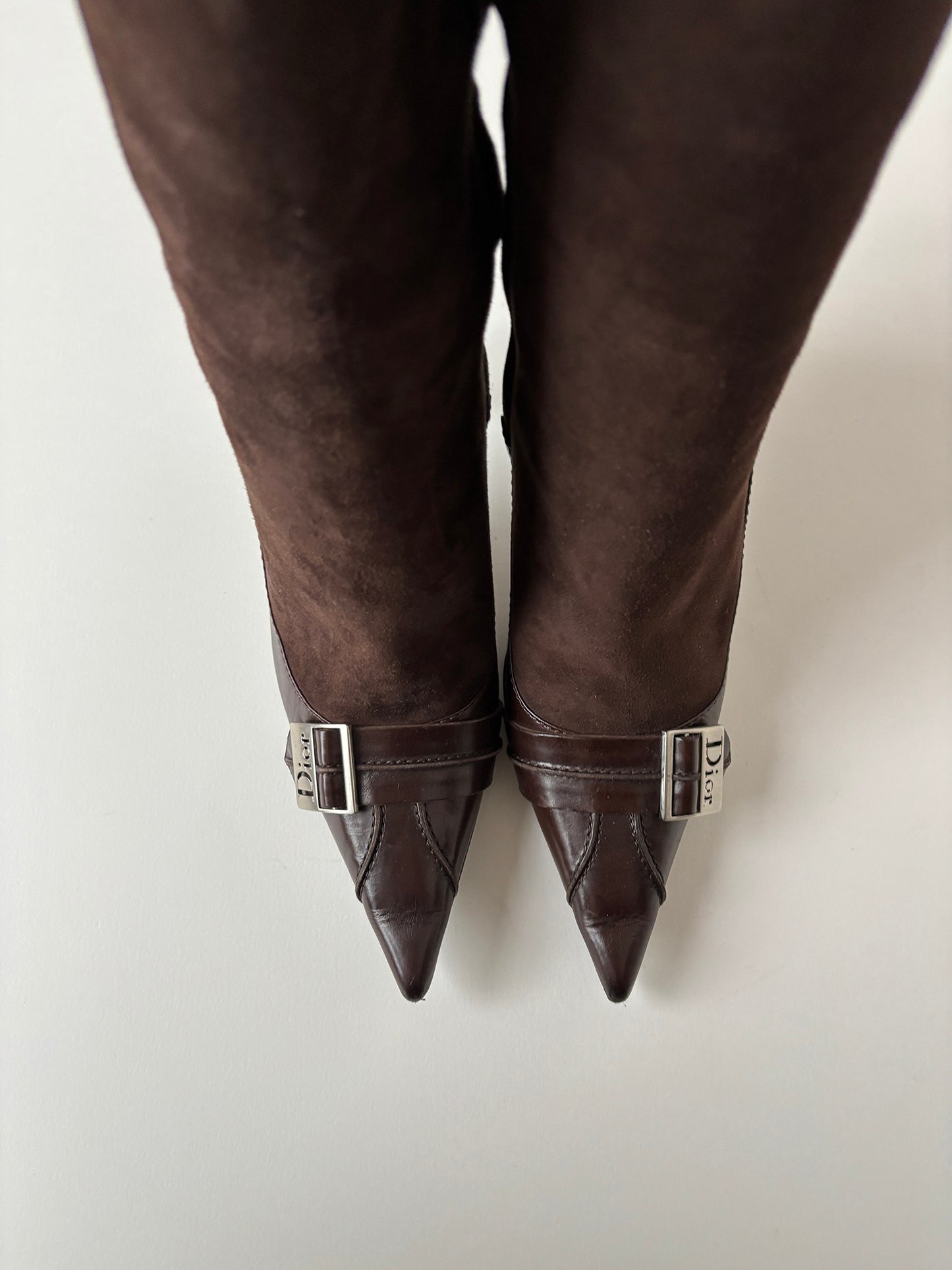 Vintage Christian Dior by John Galliano iconic rare dark suede leather/leather brown knee high boots with tiny buckle and logo details. Very rare find.