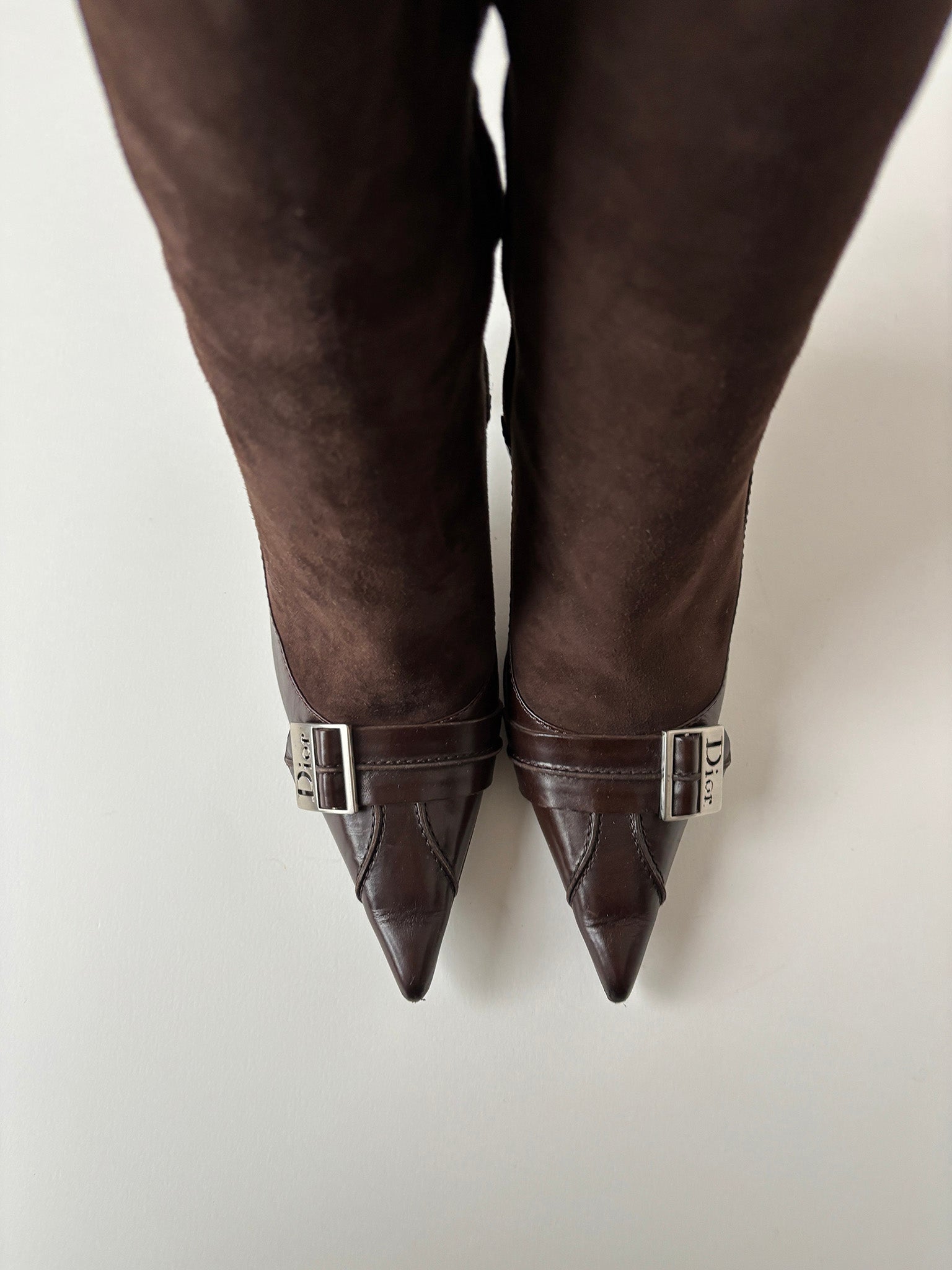 Vintage Christian Dior by John Galliano iconic rare dark suede leather/leather brown knee high boots with tiny buckle and logo details. Very rare find.