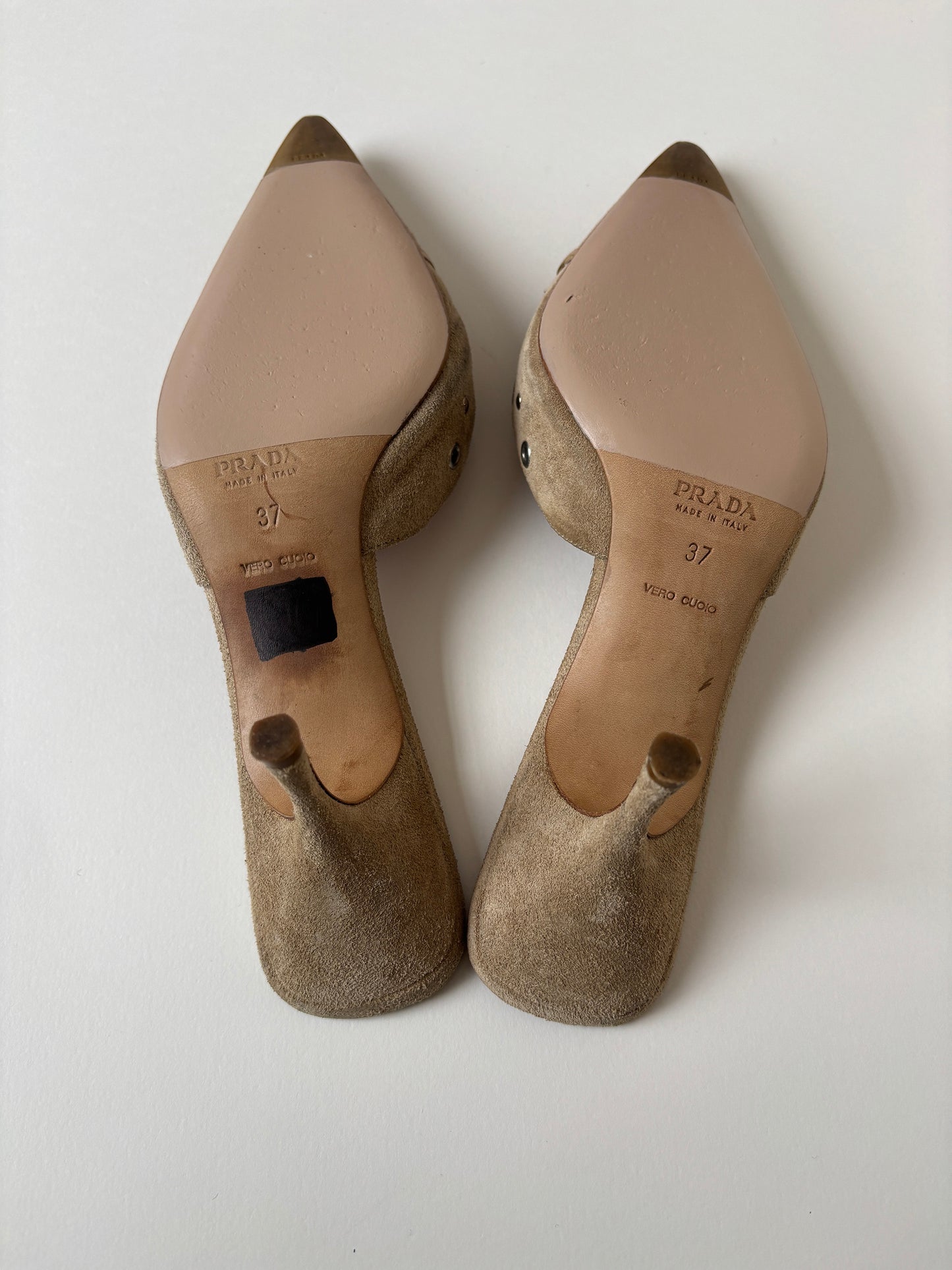 Prada 2000s iconic beige suede eyelet bow mules (EU 37 / US 6.5)
