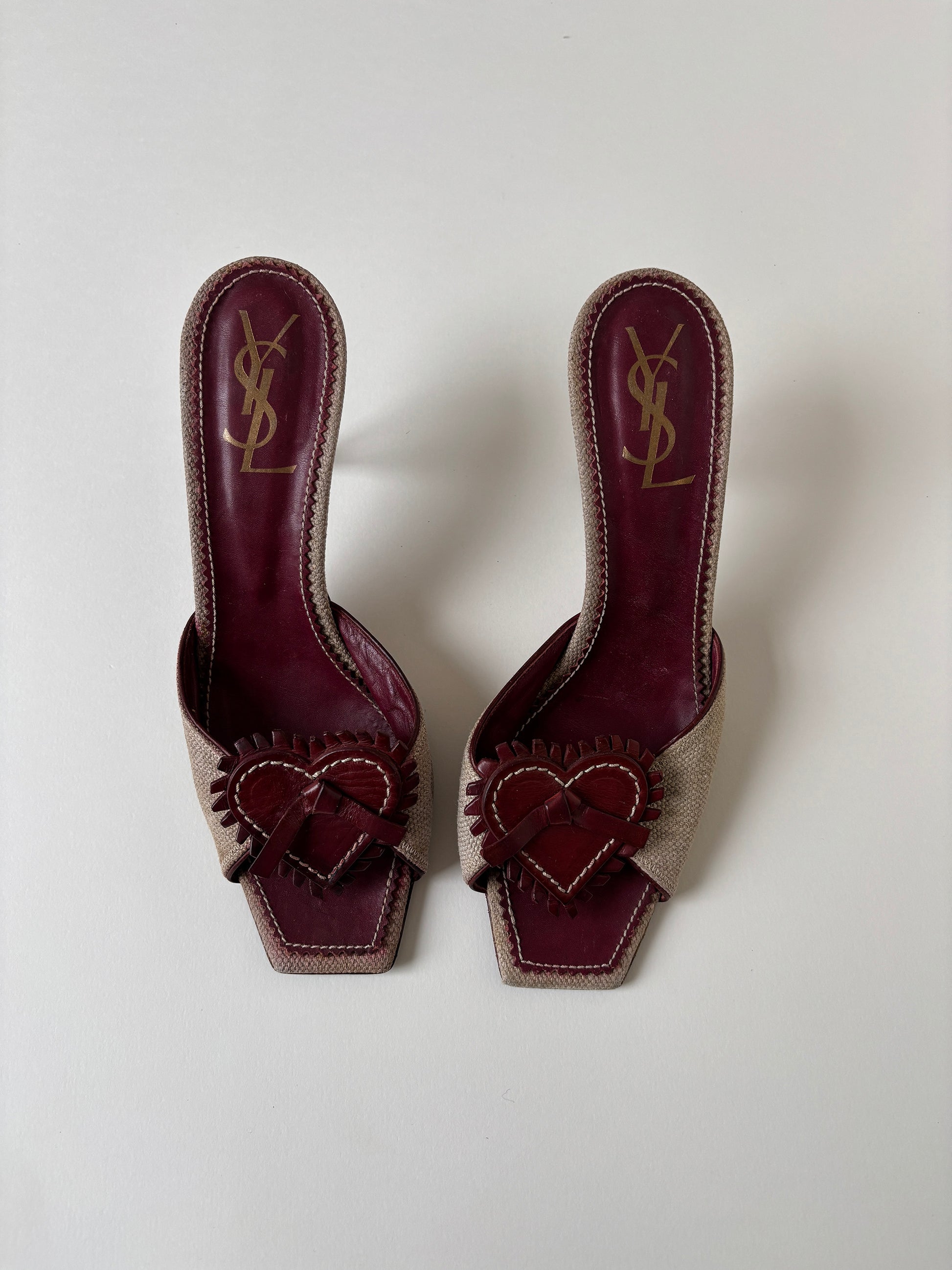 YSL iconic 1990s brown linen bow & heart heels.
