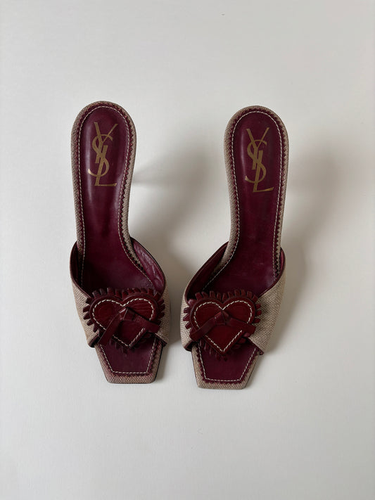 YSL iconic 1990s brown linen bow & heart heels.