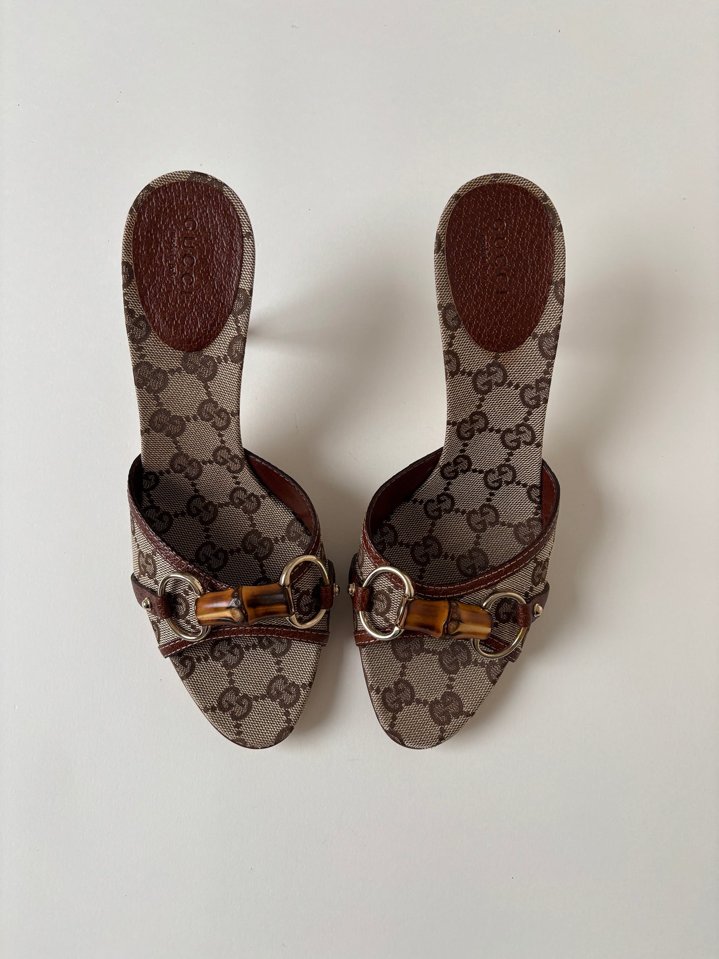 Vintage Gucci by Tom Ford iconic 2000s beige brown monogram bamboo horsebit heels.