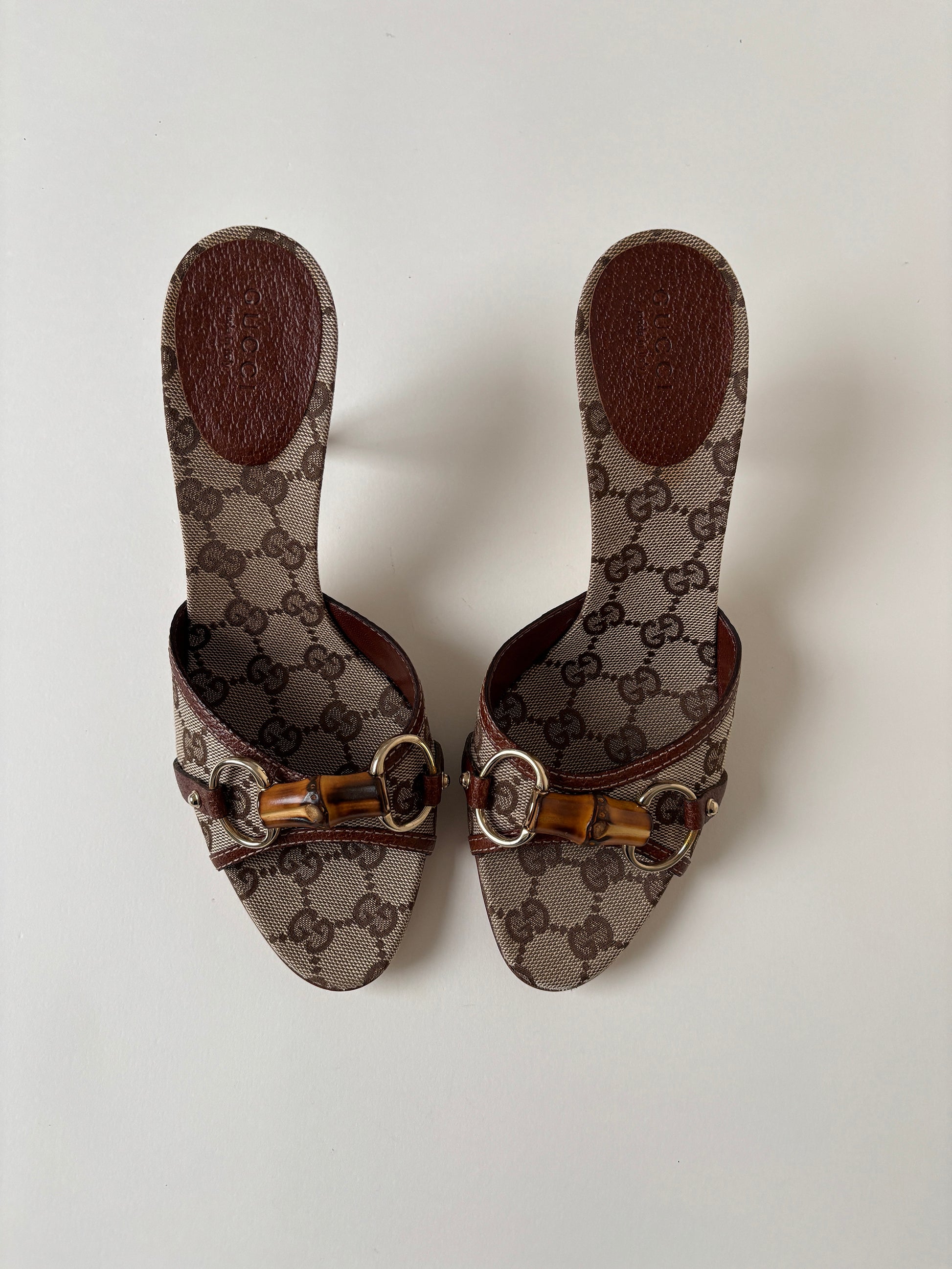 Vintage Gucci by Tom Ford iconic 2000s beige brown monogram bamboo horsebit heels.