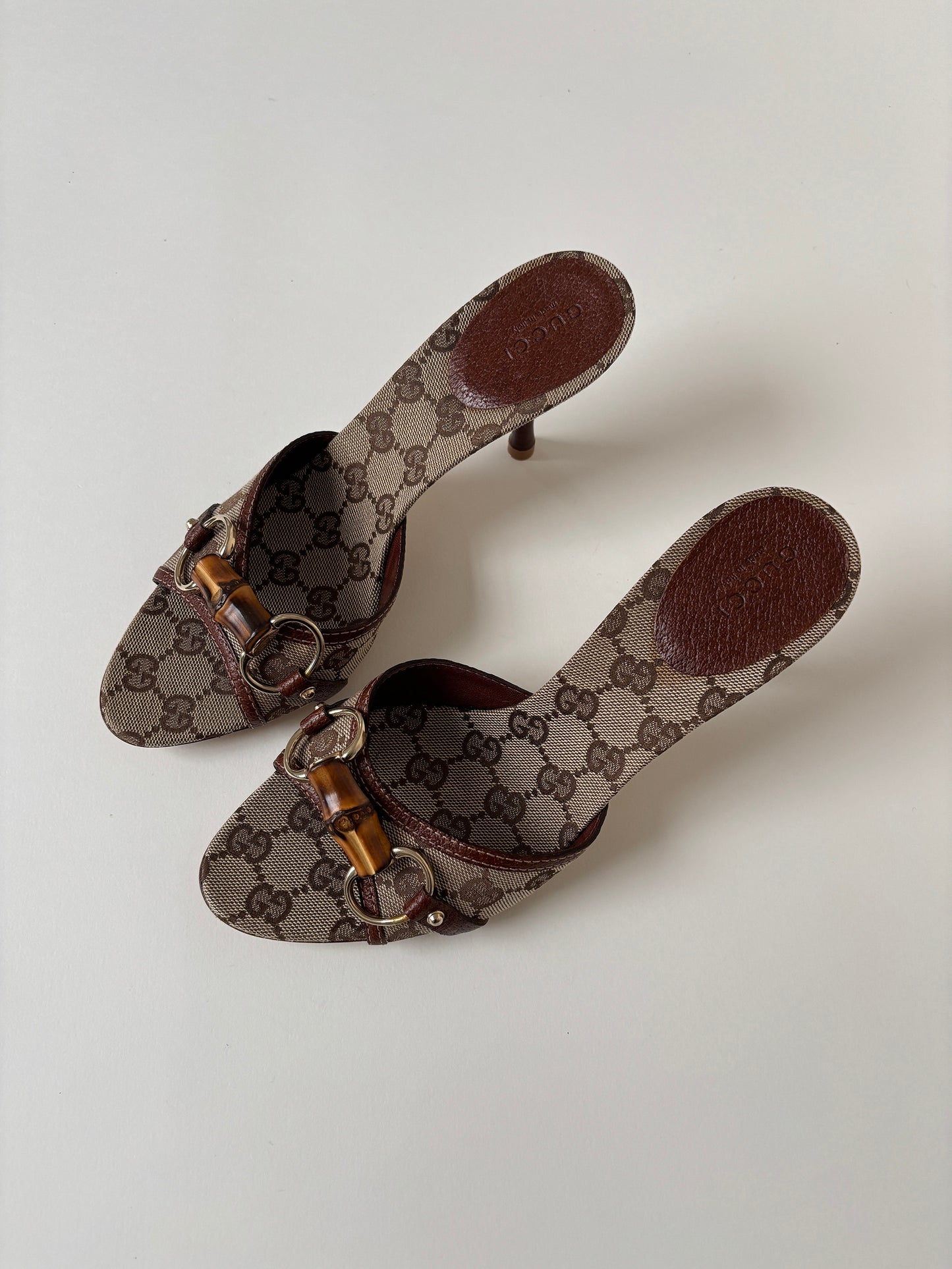 Vintage Gucci by Tom Ford iconic 2000s beige brown monogram bamboo horsebit heels.
