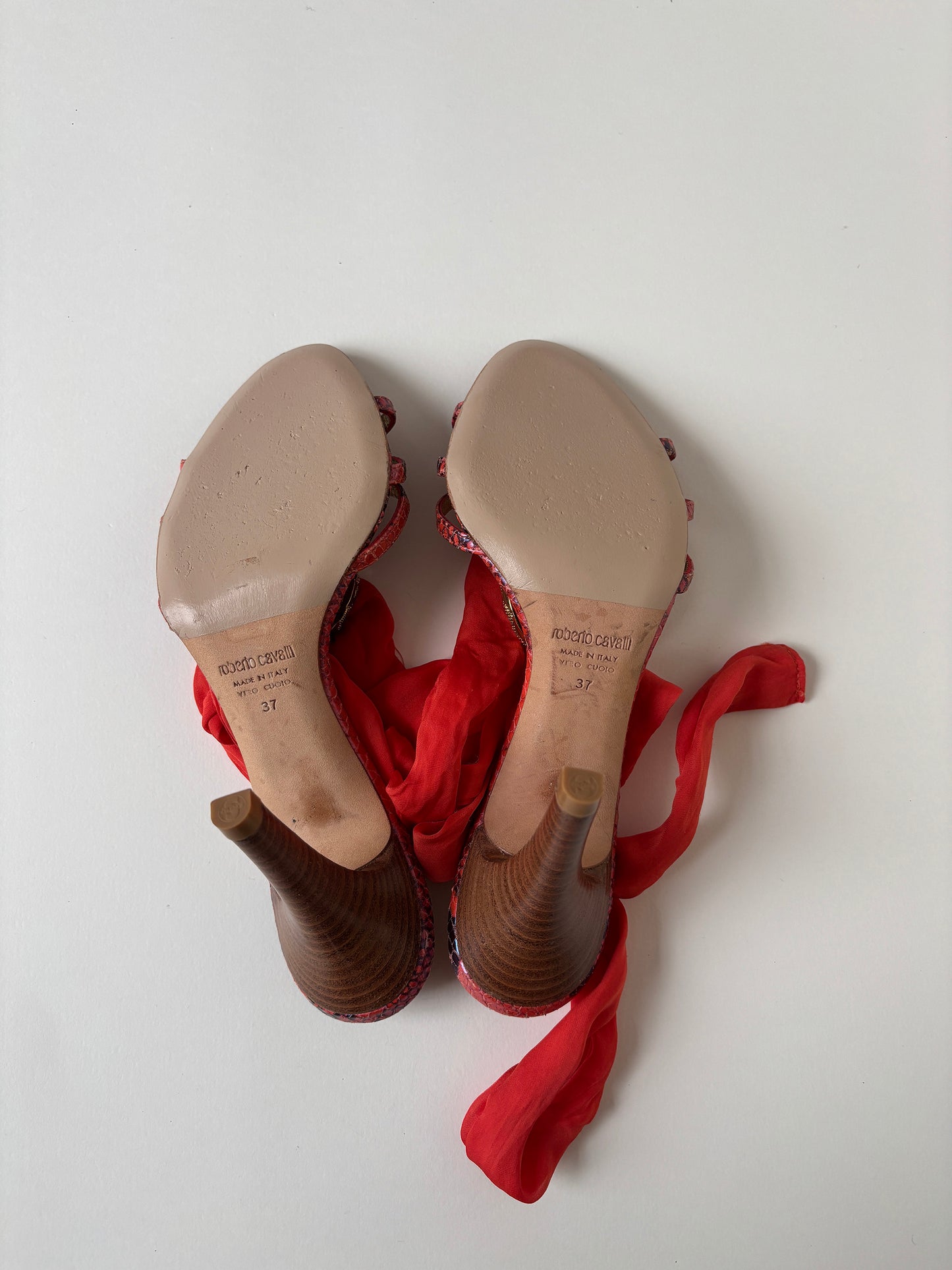 Roberto Cavalli 2000s red silk wrap rhinestone snake heels (EU 37/ US 7)