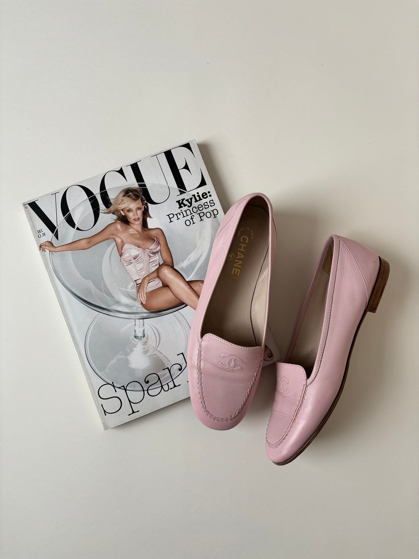 Vintage Chanel by Karl Lagerfeld 1990s pink CC stiched logo loafer.