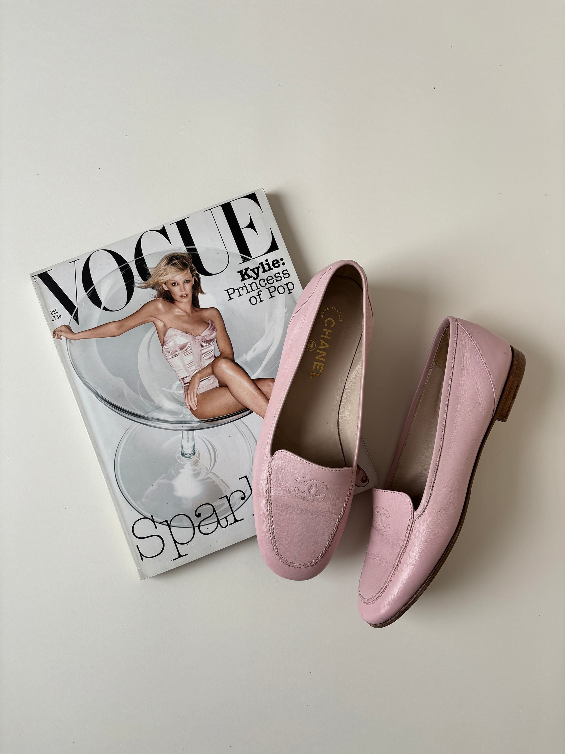 Vintage Chanel by Karl Lagerfeld 1990s pink CC stiched logo loafer.