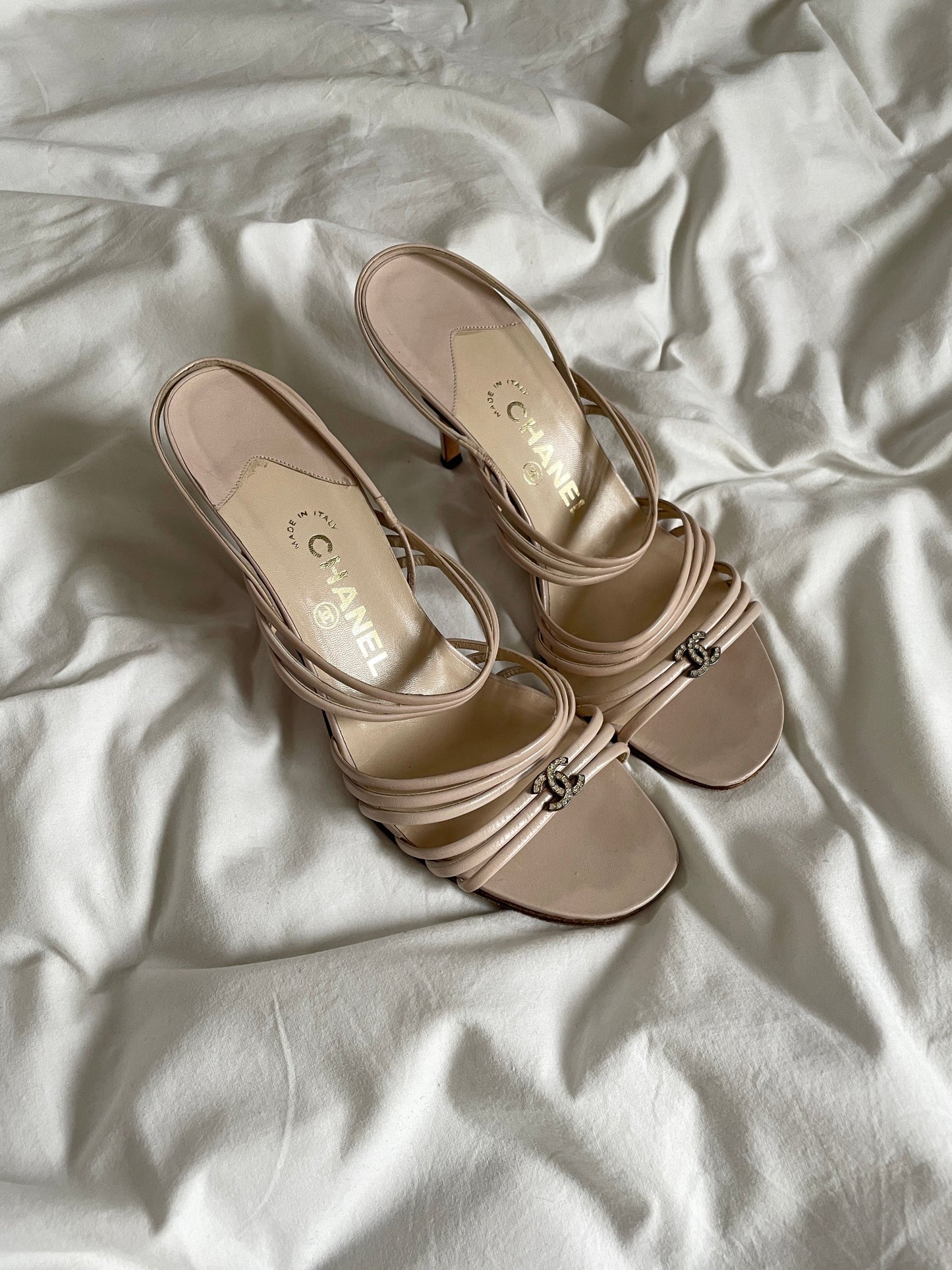 Vintage Chanel nude skinny strap rhinestone CC sandal heels