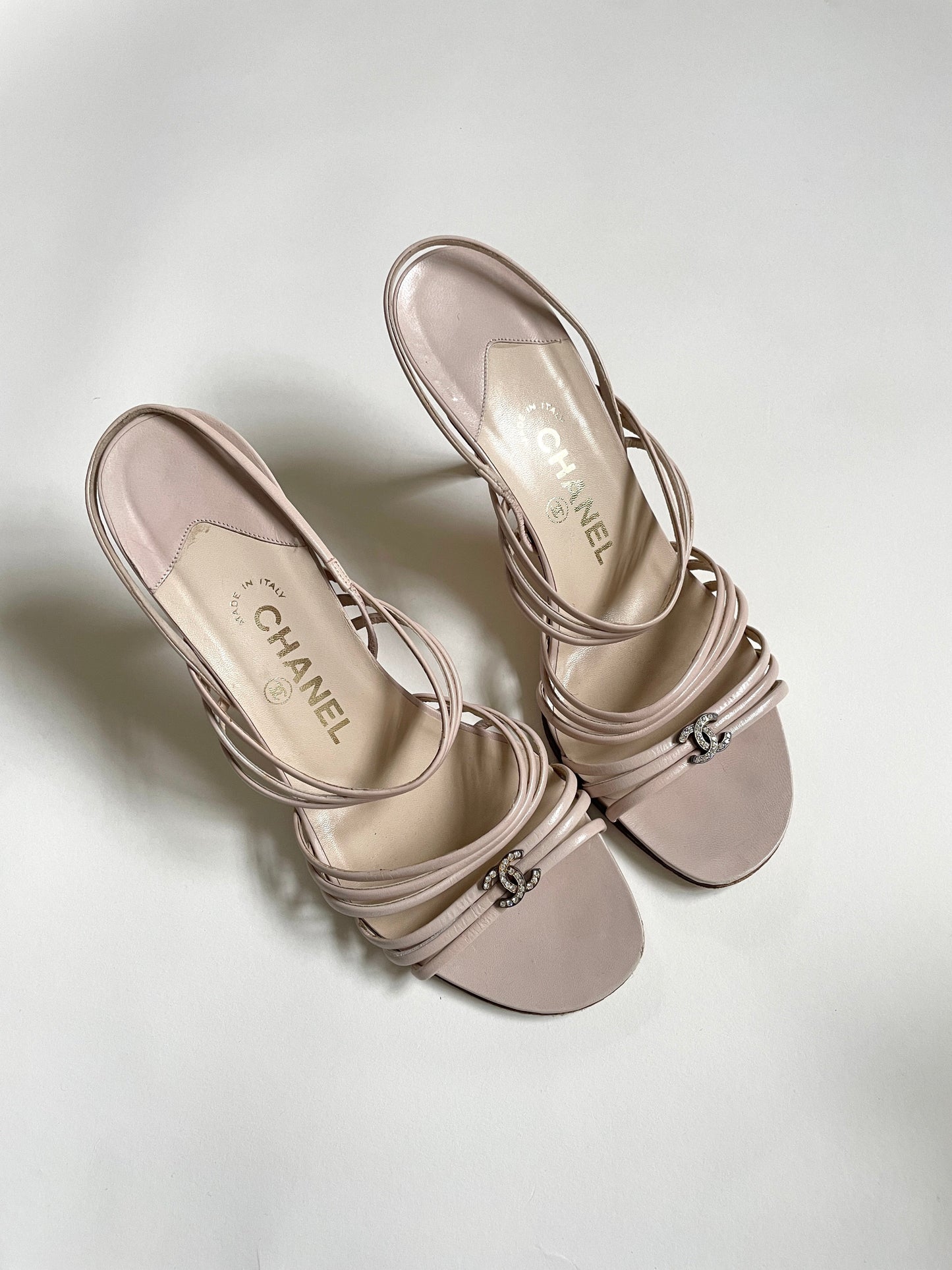 Vintage Chanel nude skinny strap rhinestone CC sandal heels
