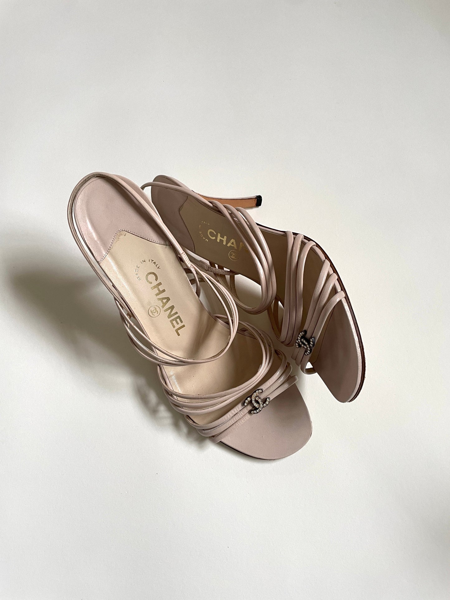 Vintage Chanel nude skinny strap rhinestone CC sandal heels