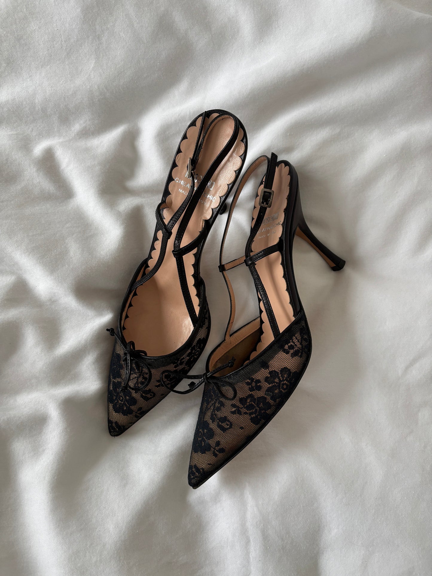 Vintage Moschino 2000s black sling back heels with black lace details and cute bow.