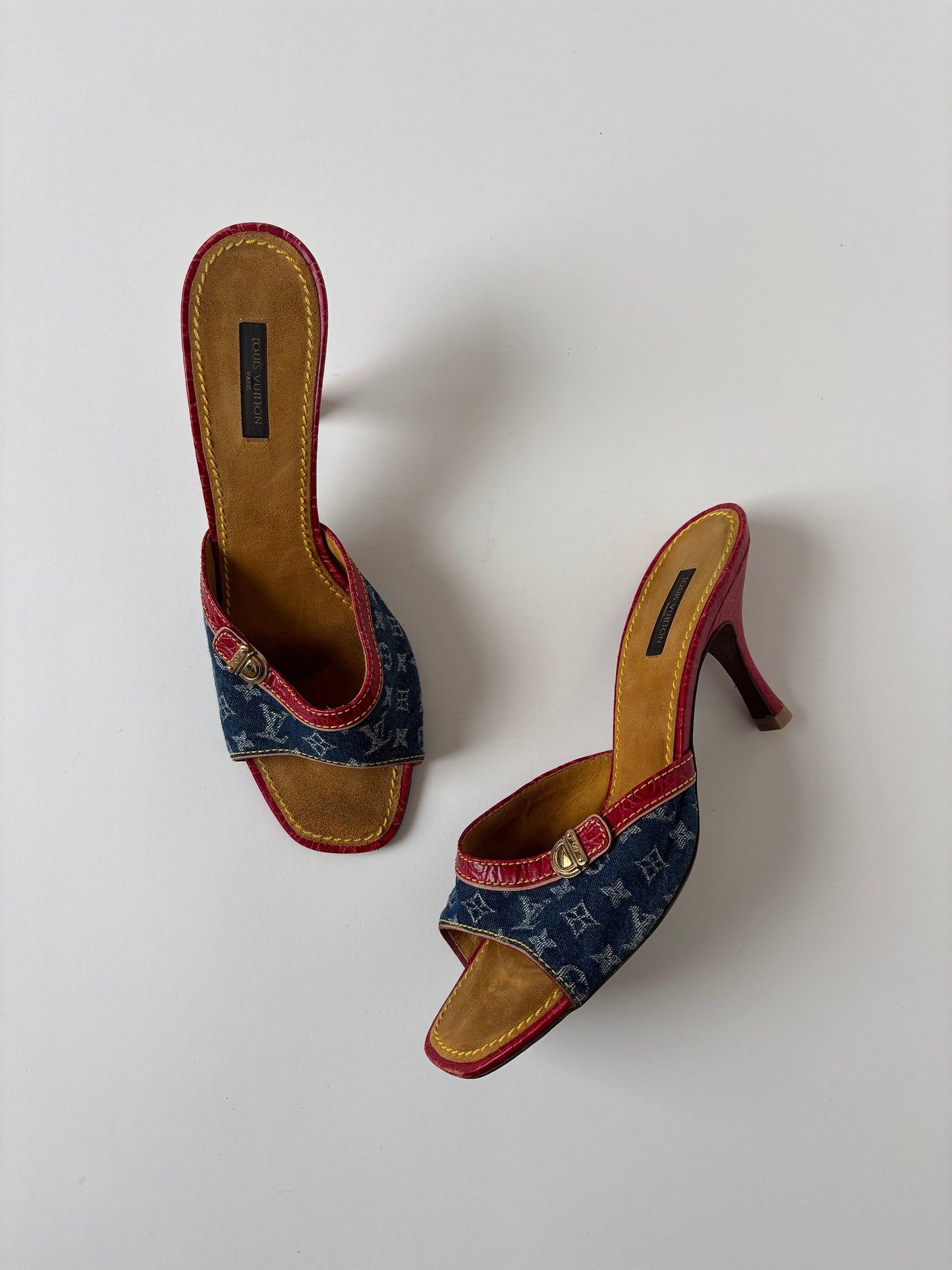 Vintage LV 2000s by Marc Jacobs iconic denim heels with red croc leather details and mini buckle