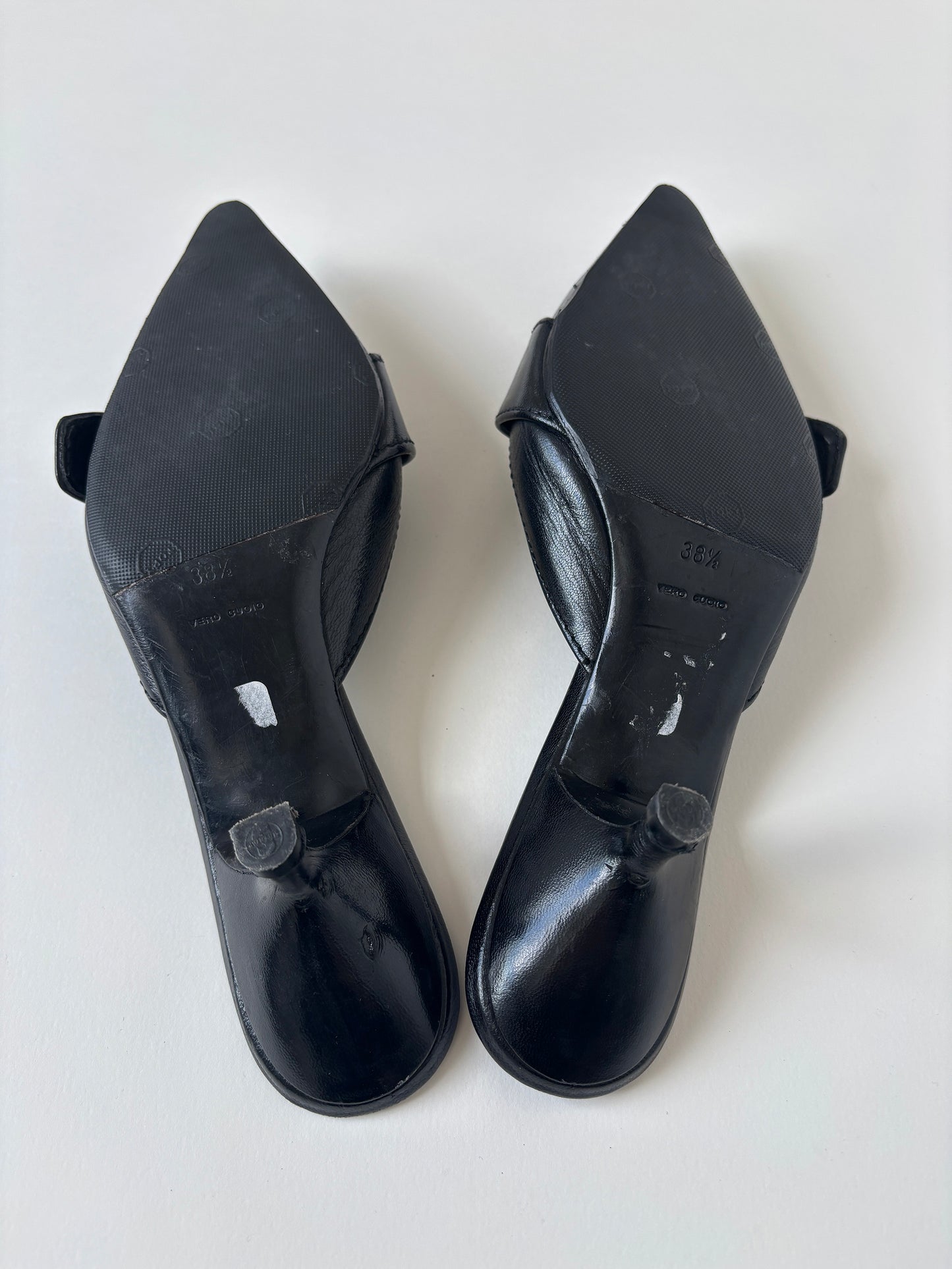 Prada S/S 2002 black leather silver buckle kitten heel mules  (EU 38,5/ US 8)