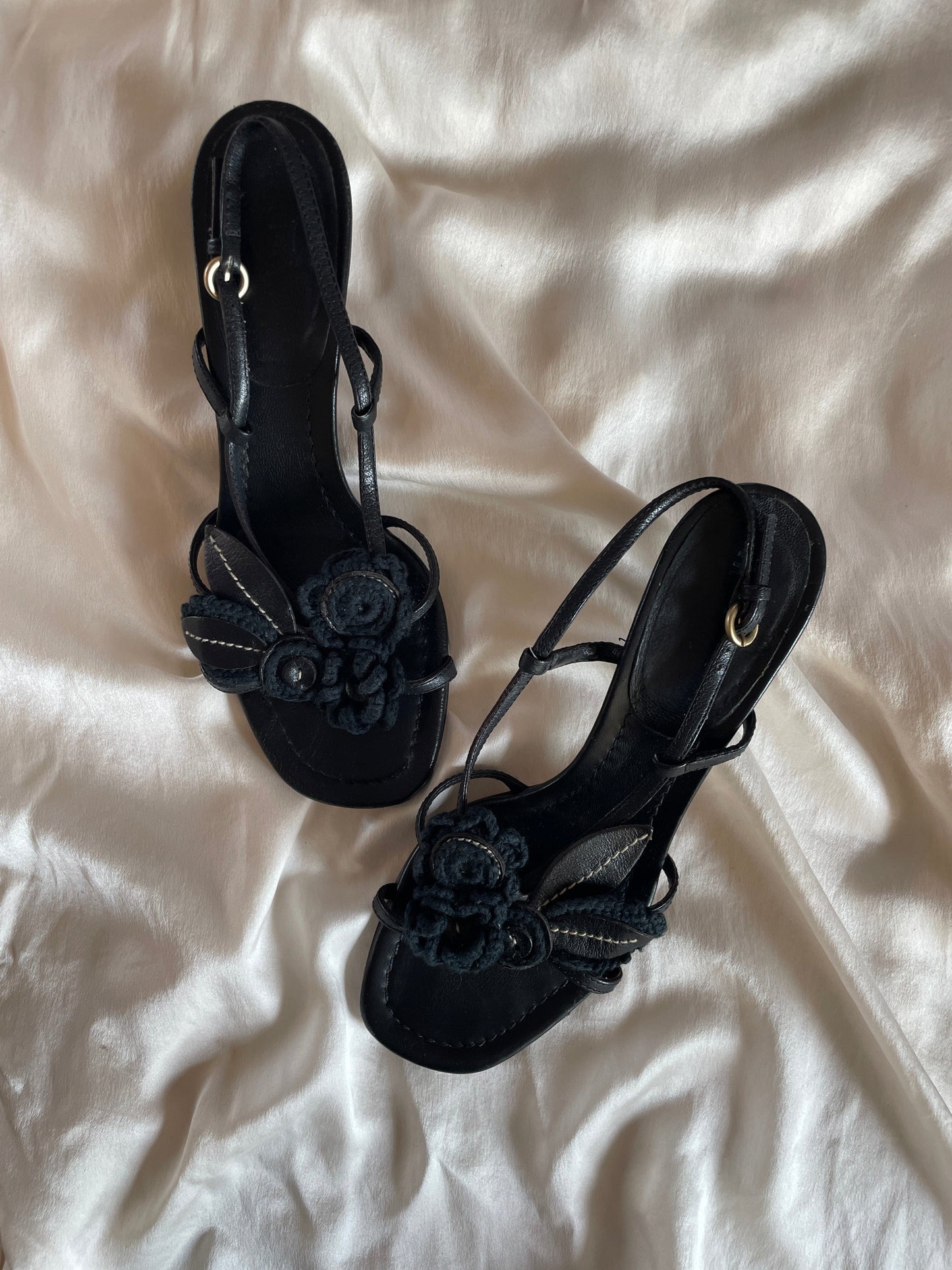 Vintage Miu Miu black crochet floral kitten heels