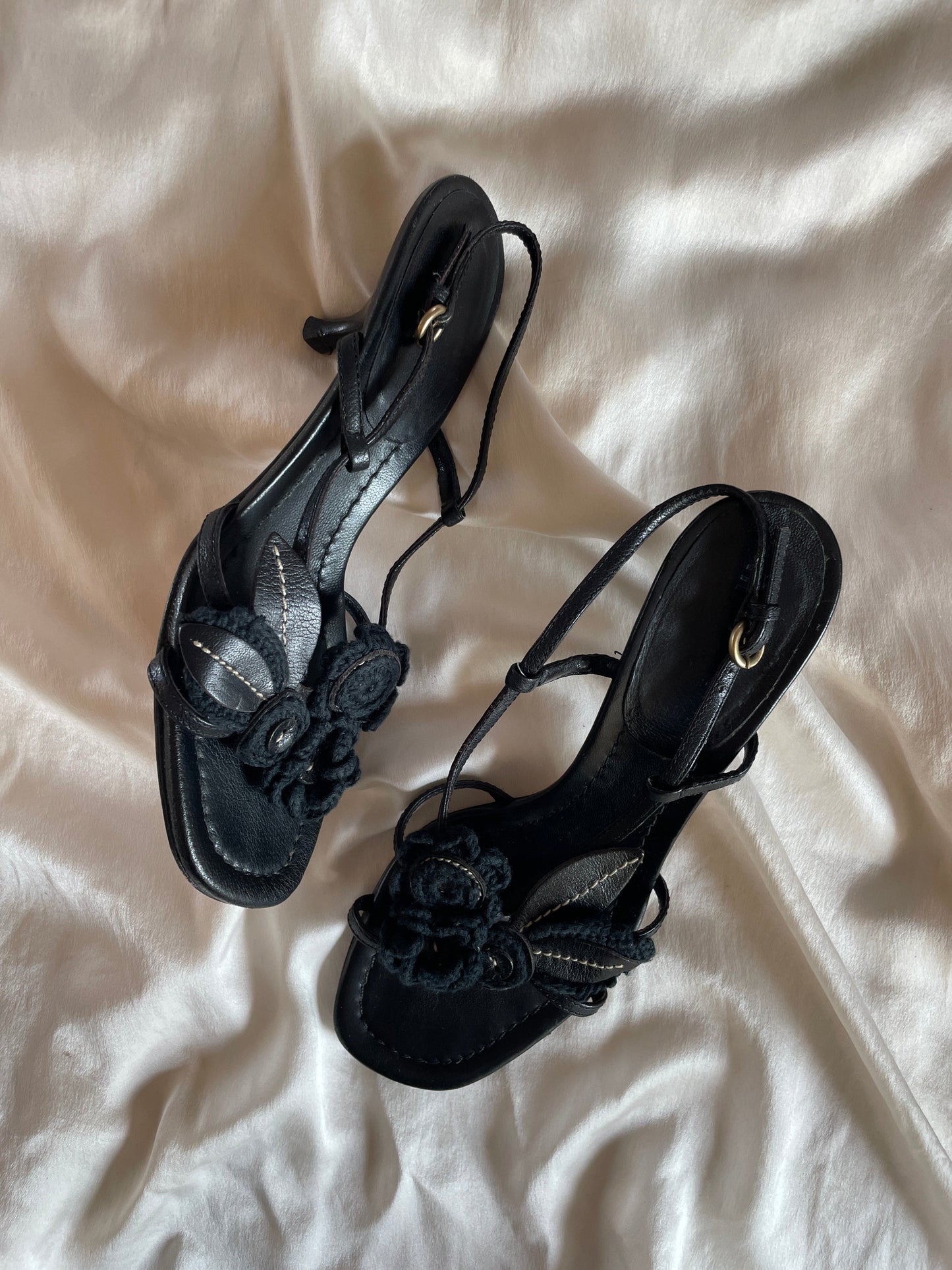 Miu Miu black crochet floral kitten heels