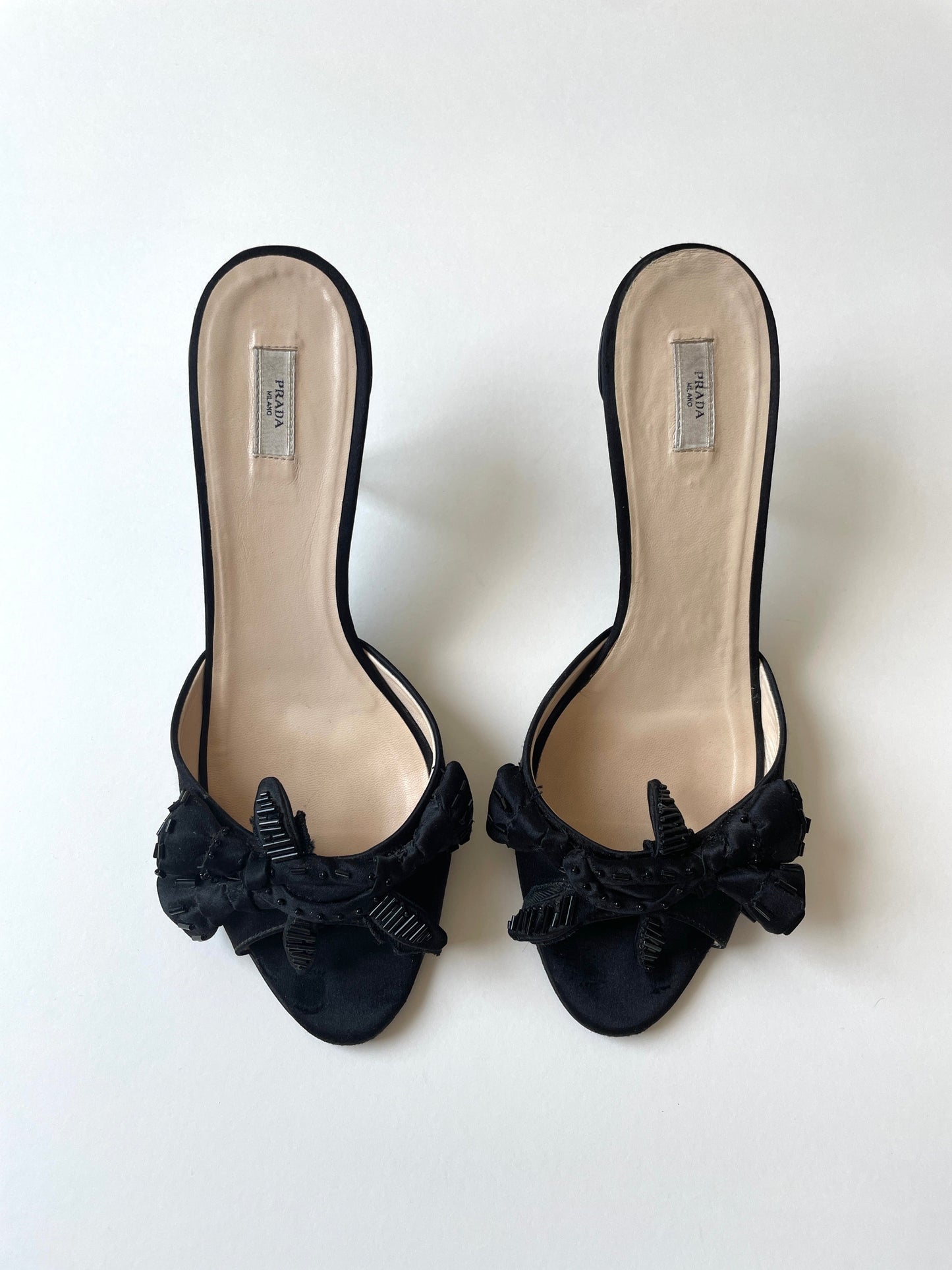 Prada black beaded pearls & silk sandal heels