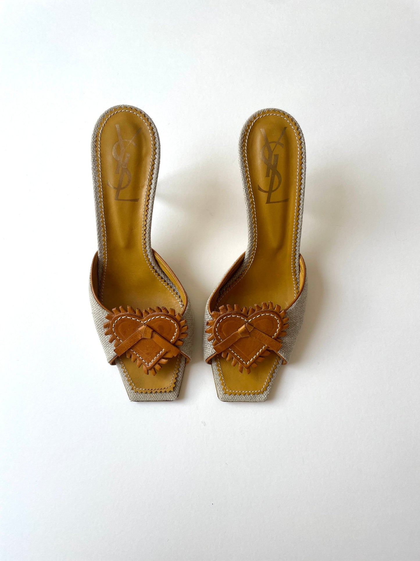 YSL iconic 90s brown linen bow & heart heels