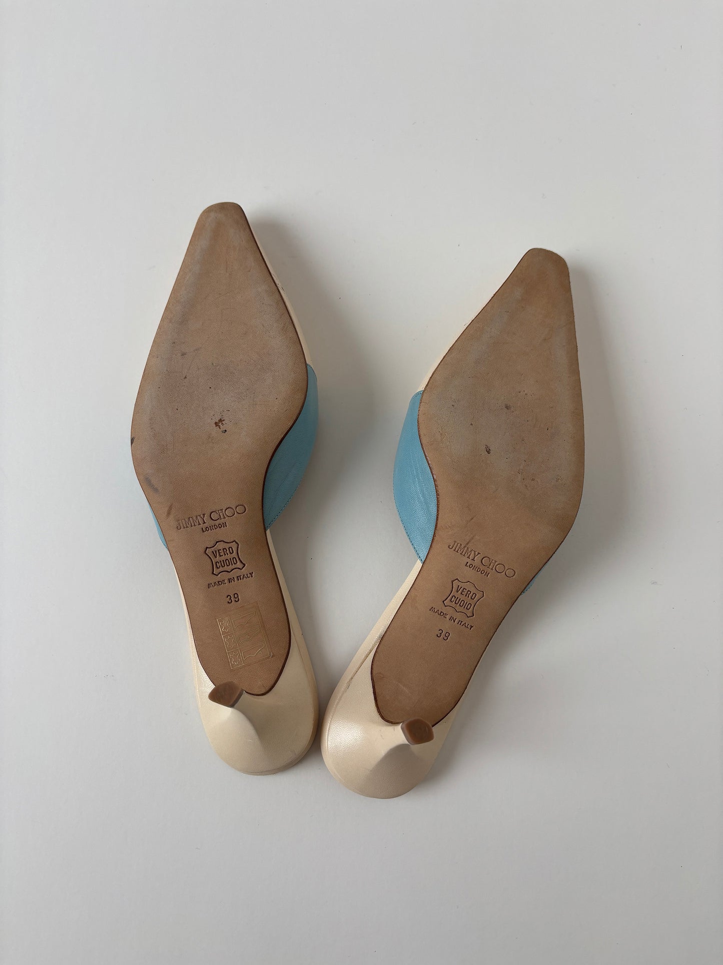 Jimmy Choo 2000s ivory baby blue mules UNWORN (EU 39 / US 8.5)