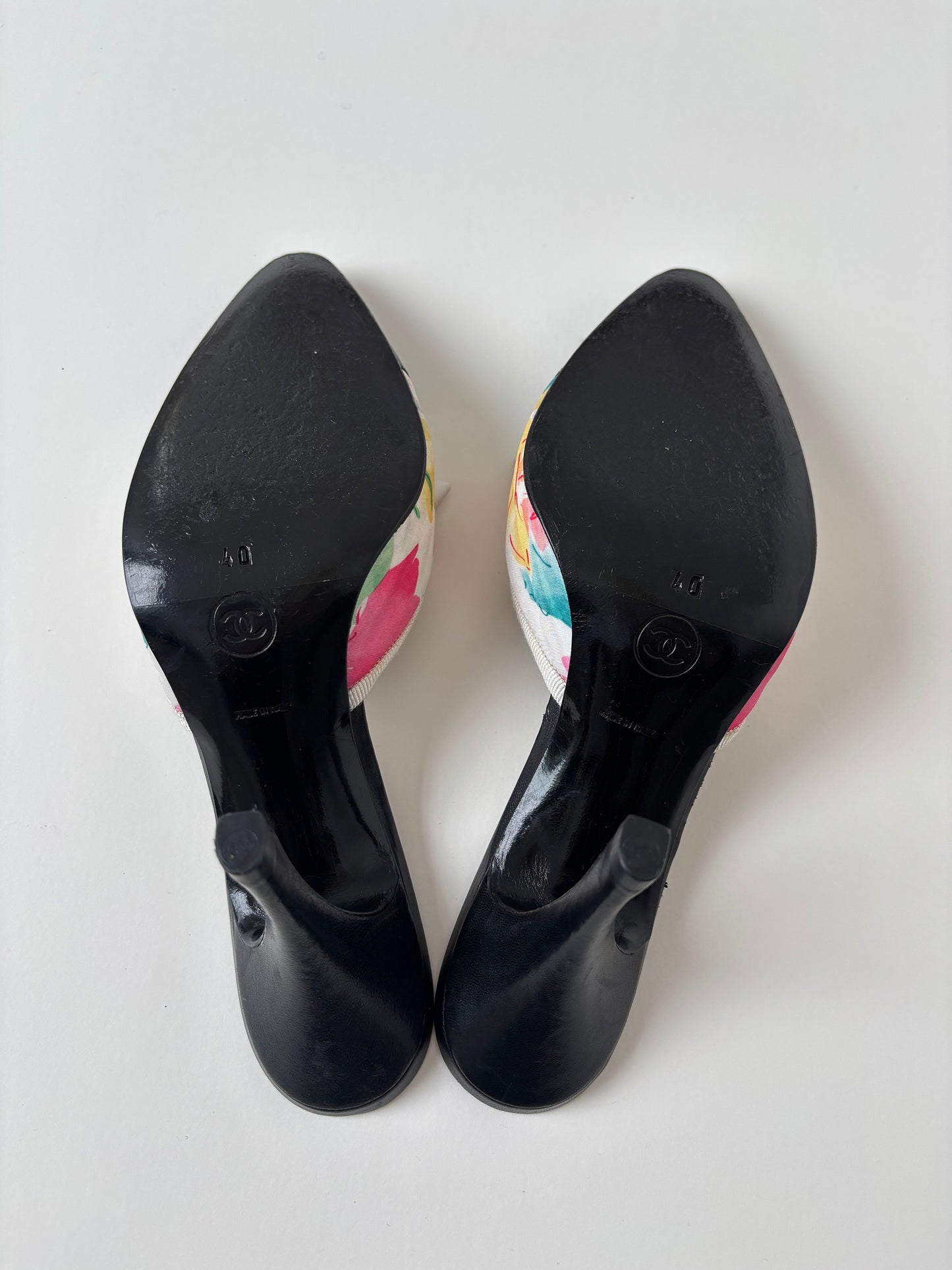 Chanel by Karl Lagerfeld 1990s floral bow logo mules (EU 40 / US 9.5)