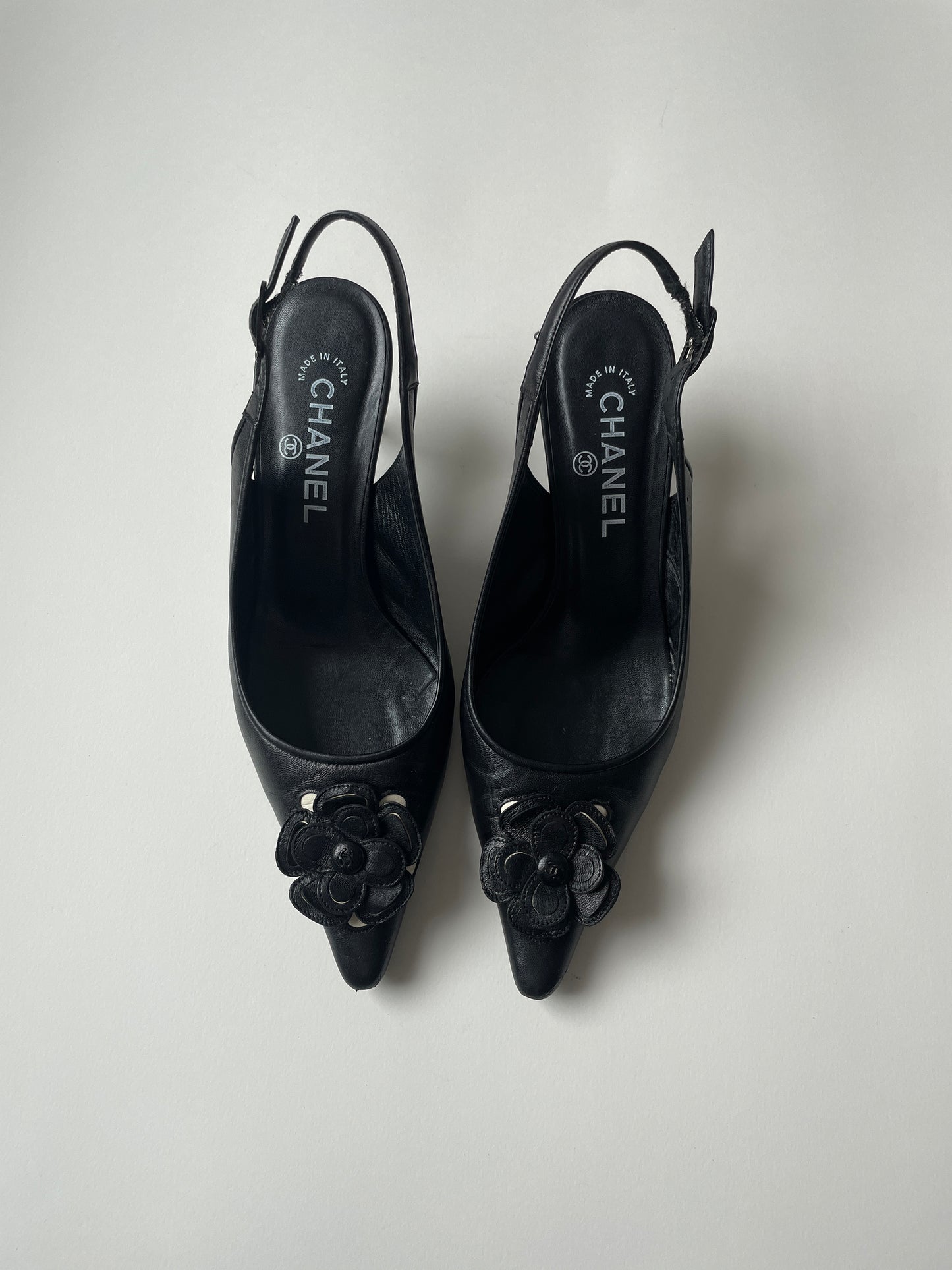 Vintage Chanel CC Camellia black sling backs with cute Camellia flower application