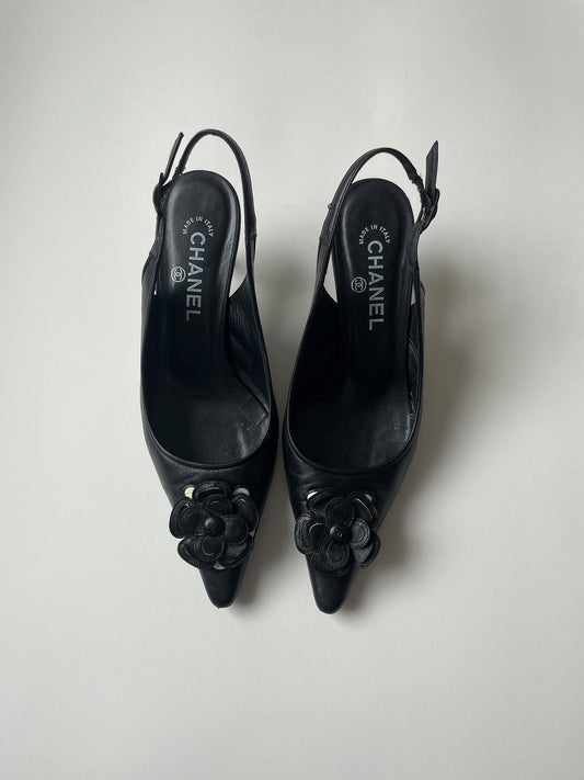 Vintage Chanel CC Camellia black sling backs with cute Camellia flower application