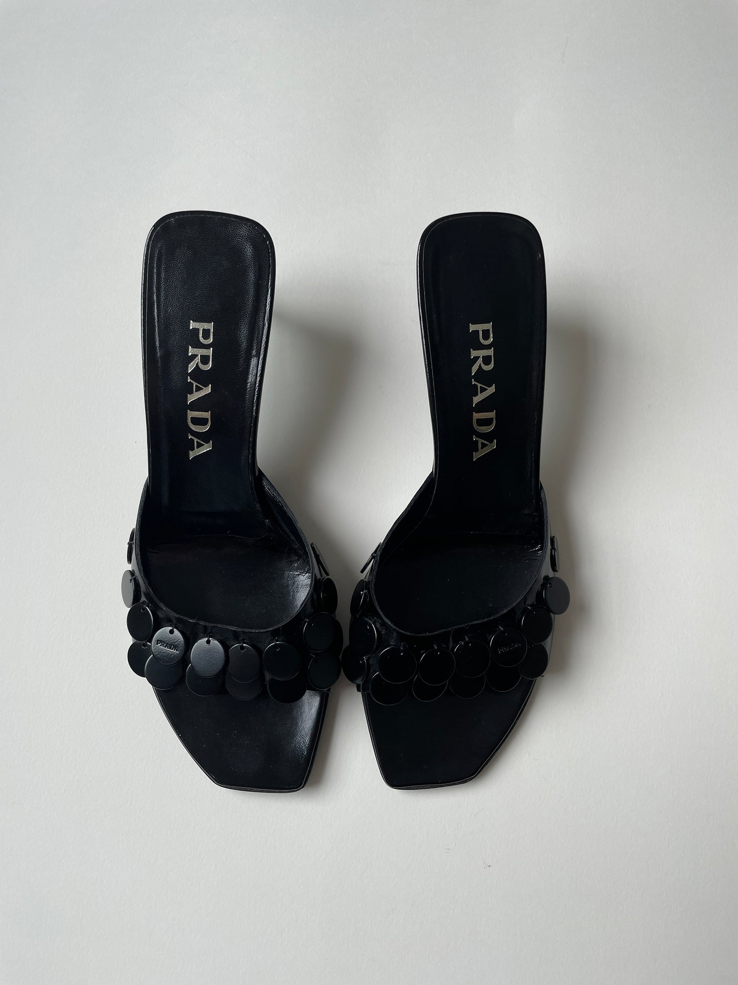 Vintage Prada 1990s black patent leather and metal sequin archive kitten heels