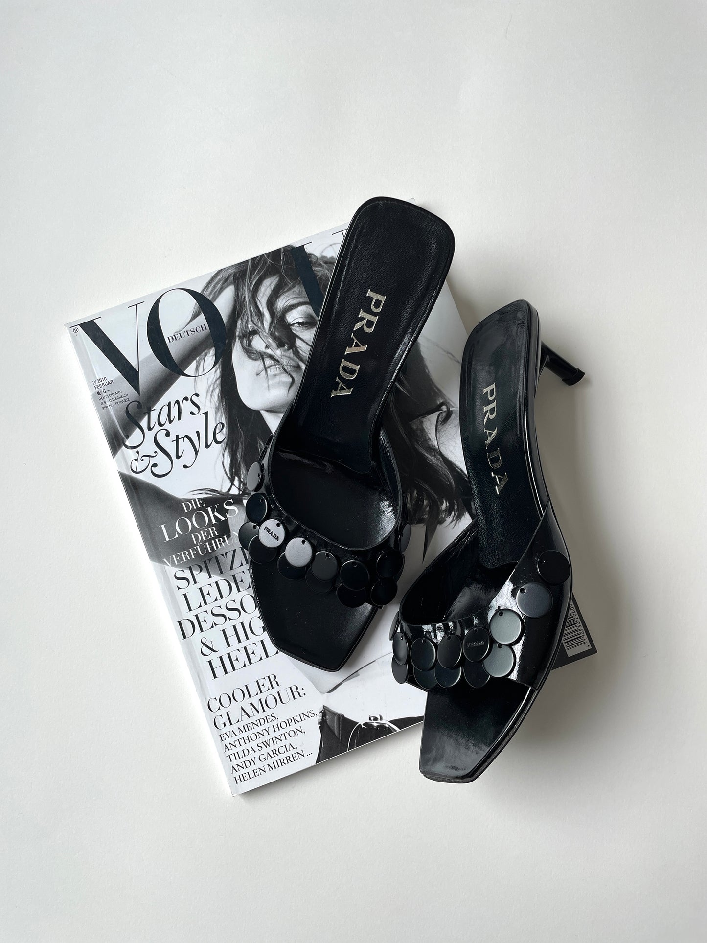 Vintage Prada 1990s black patent leather and metal sequin archive kitten heels