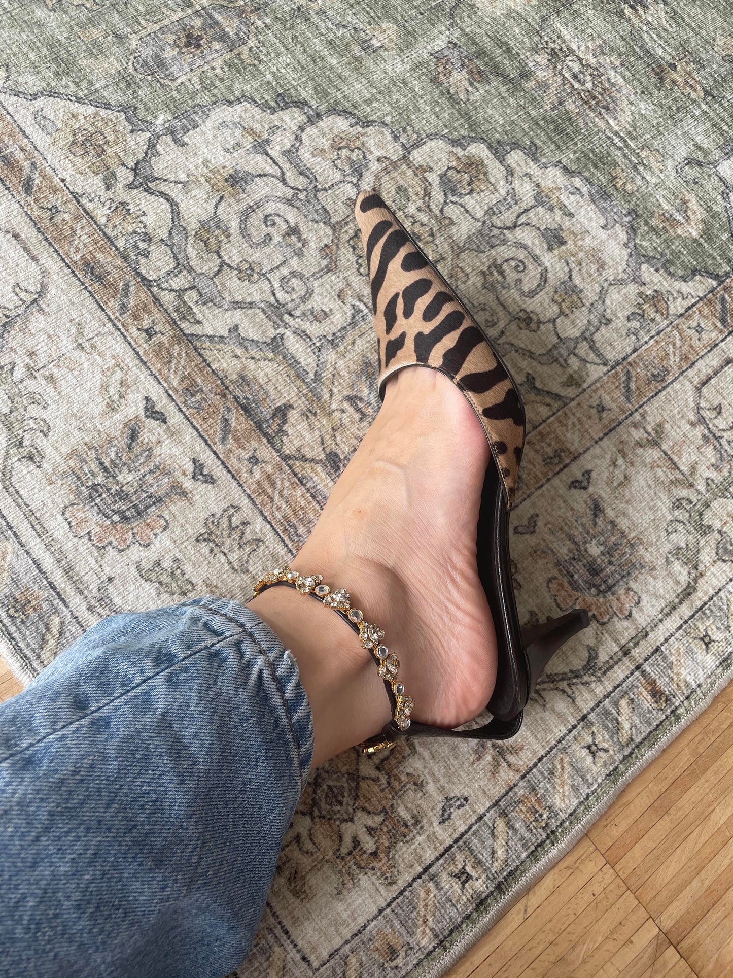 Vintage VICINI by Guiseppe Zanotti cheetah pony hair kitten heels with rhinestone ankle jewelery.