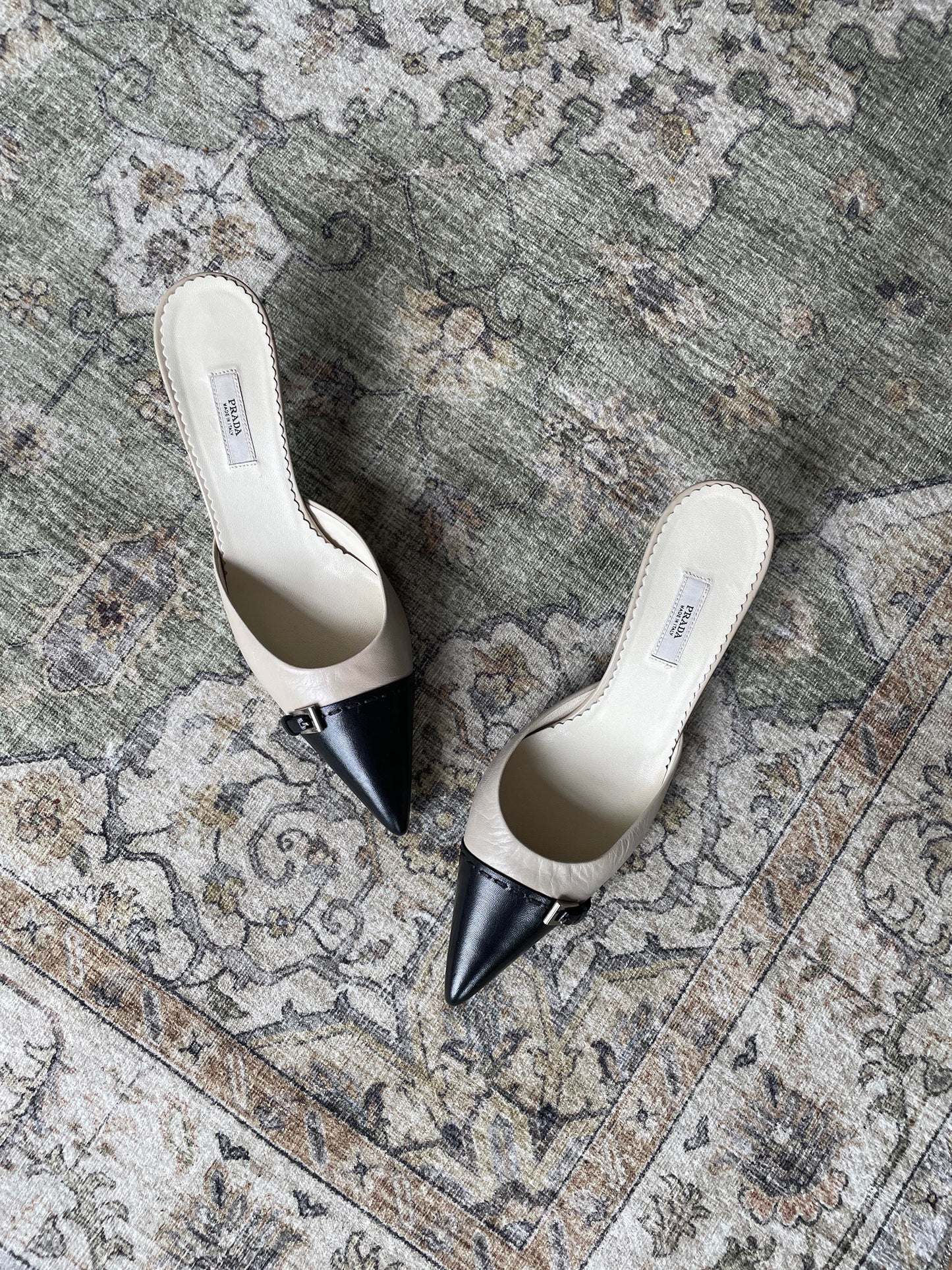 Vintage Prada 2000s tiny buckle two tone kitten heel mules
