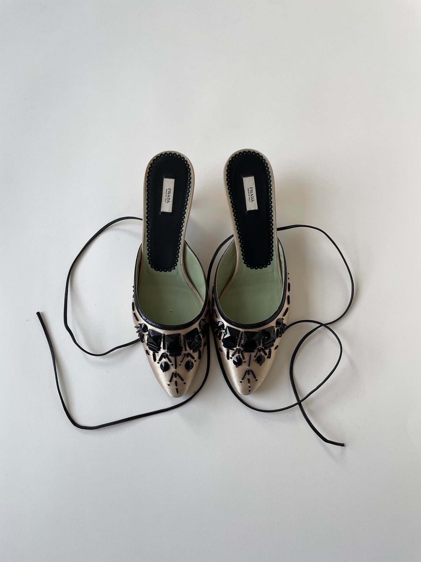 Vintage Prada 2000s ivory satin beaded kitten heels mules
