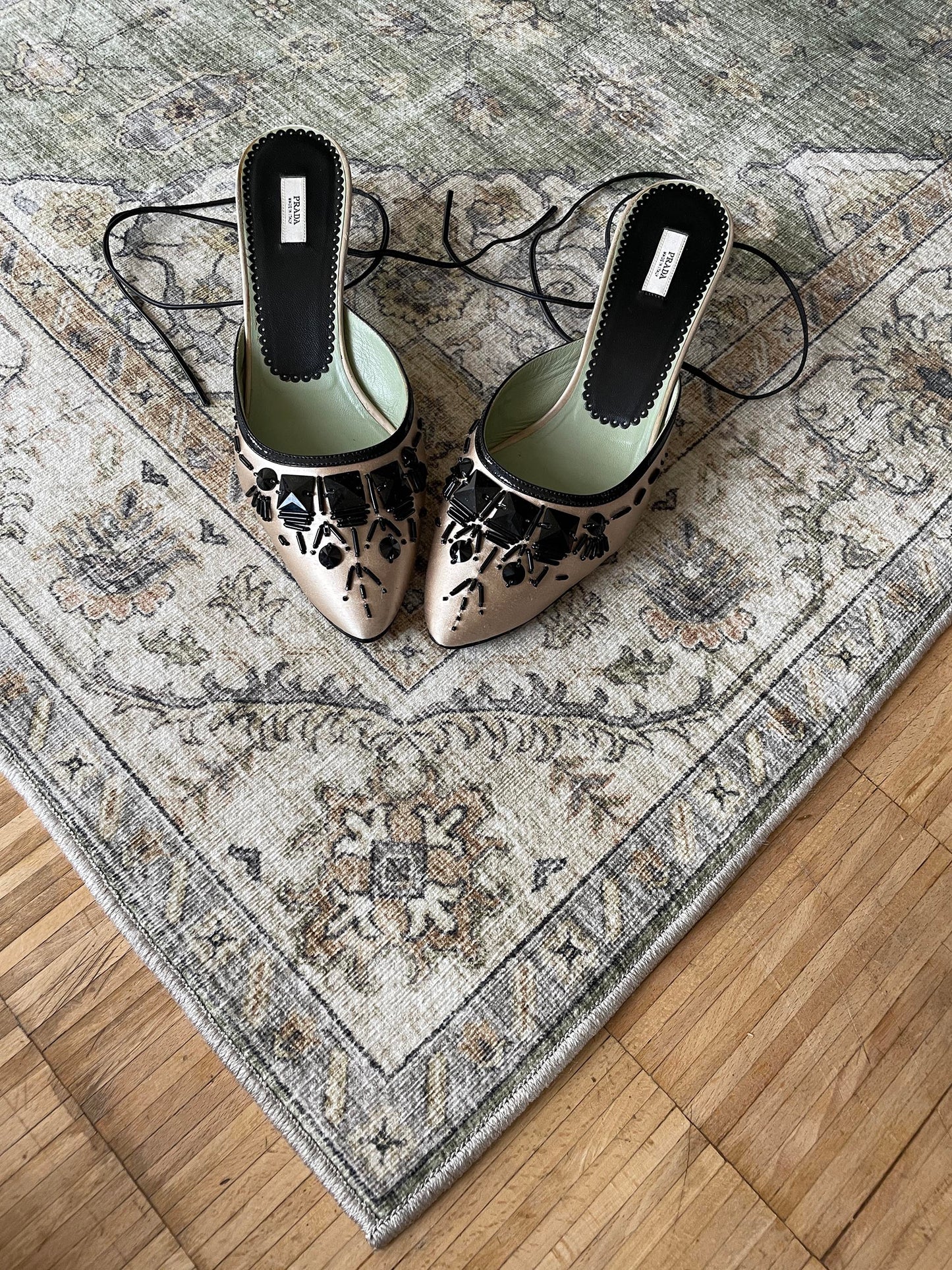 Vintage Prada 2000s ivory satin beaded kitten heels mules