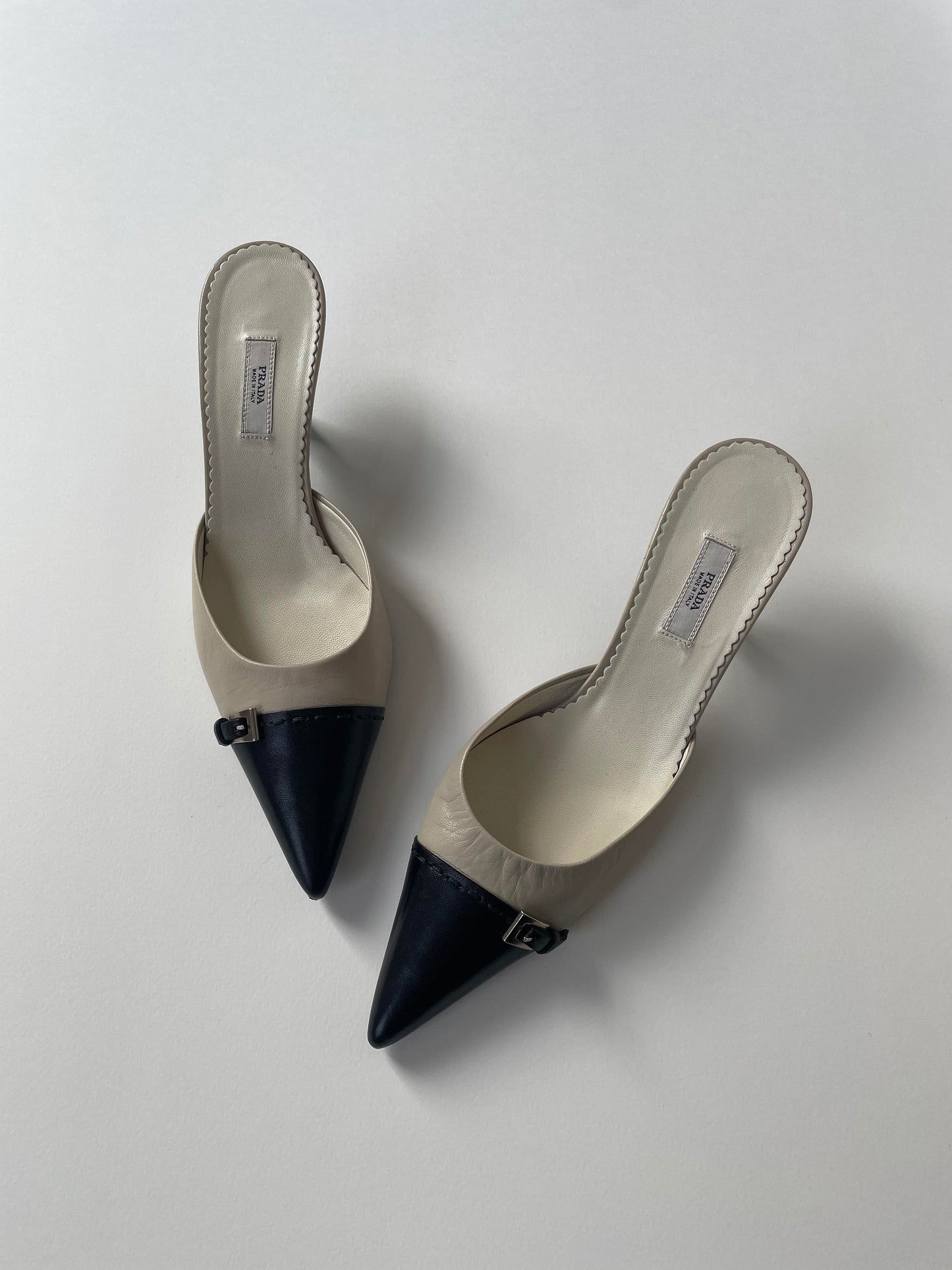 Vintage Prada 2000s tiny buckle two tone kitten heel mules