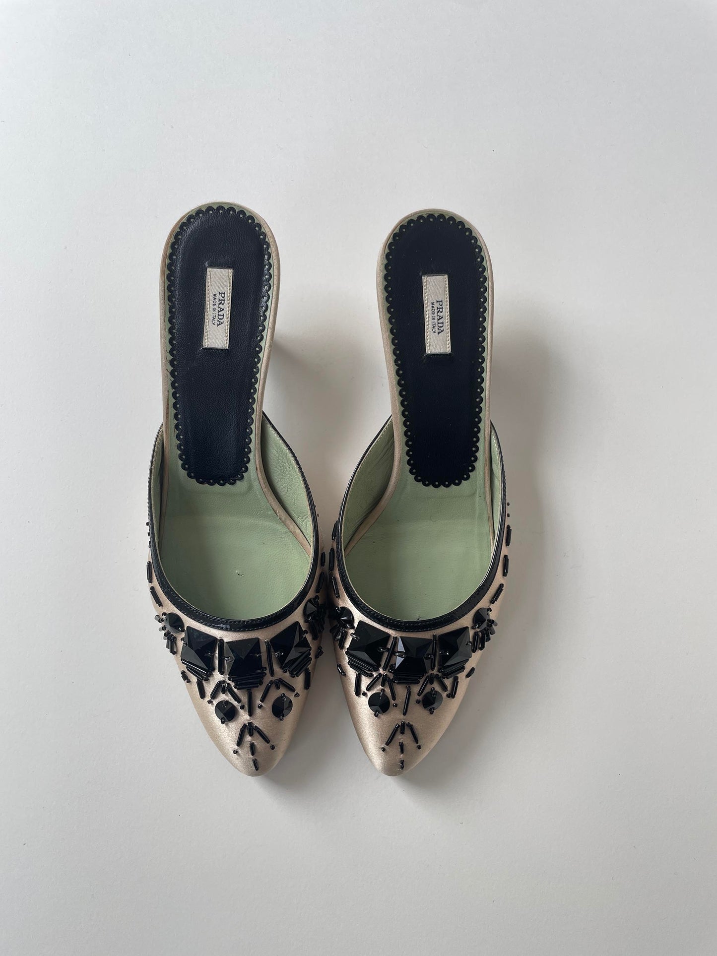 Vintage Prada 2000s ivory satin beaded kitten heels mules