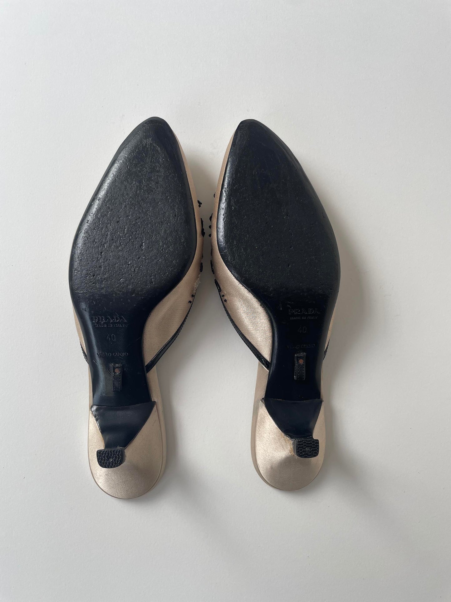 Prada 2000s ivory satin beaded kitten heels mules (EU 40 / US 9)