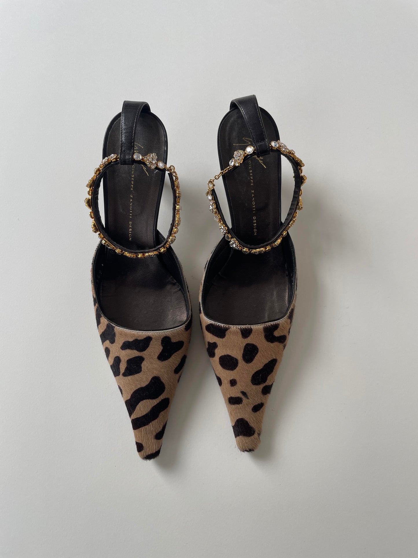 Vintage VICINI by Guiseppe Zanotti cheetah pony hair kitten heels with rhinestone ankle jewelery.