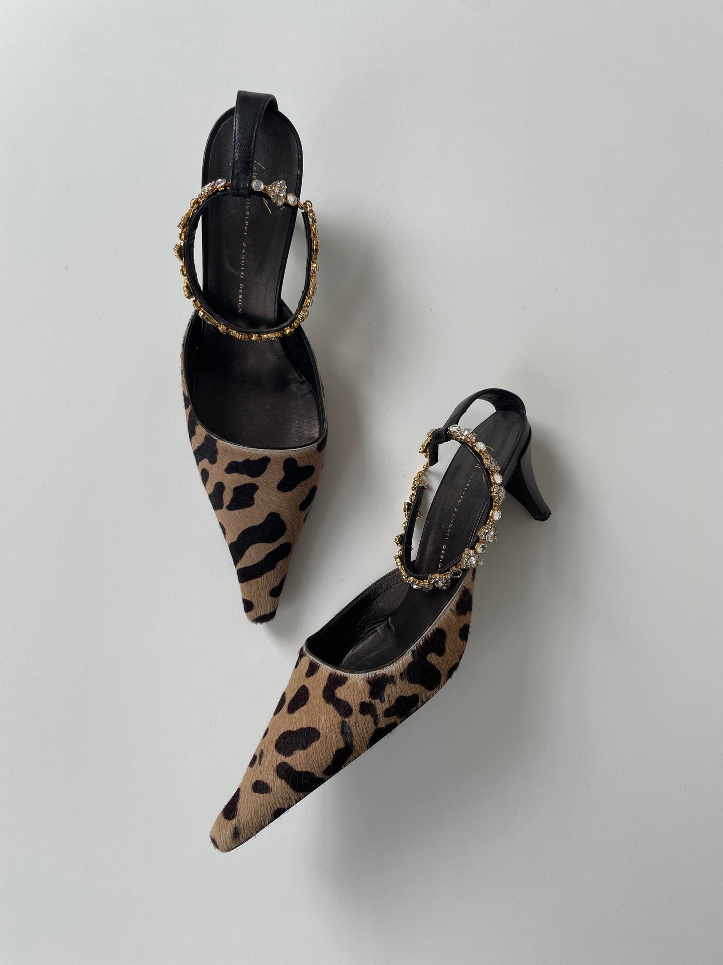 Vintage VICINI by Guiseppe Zanotti cheetah pony hair kitten heels with rhinestone ankle jewelery.