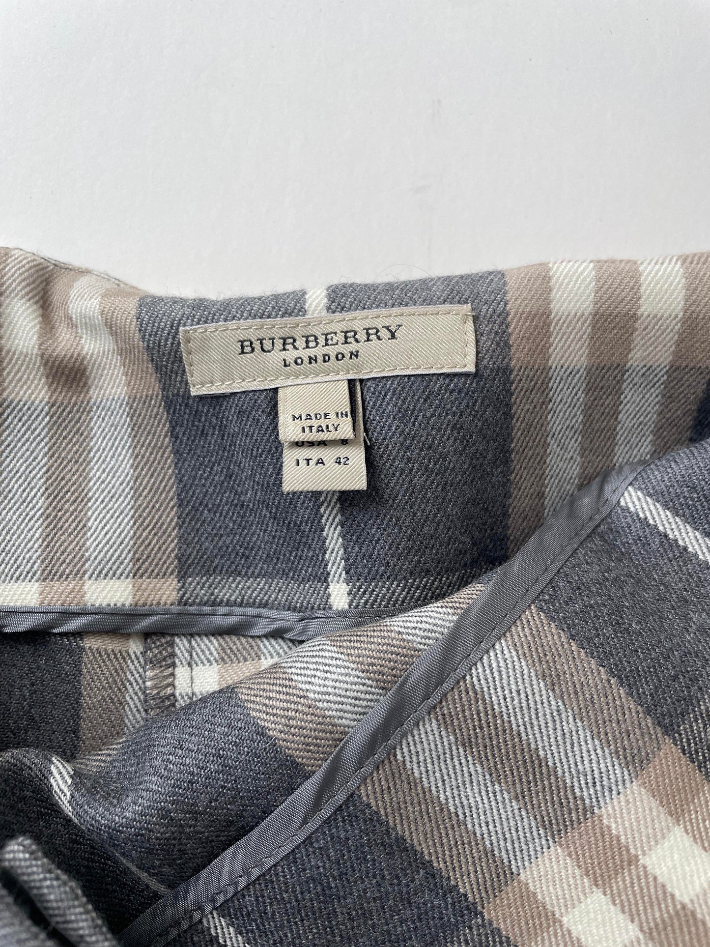 Vintage Burberry Brit beige grey wool mini skirt with leather straps | Size M