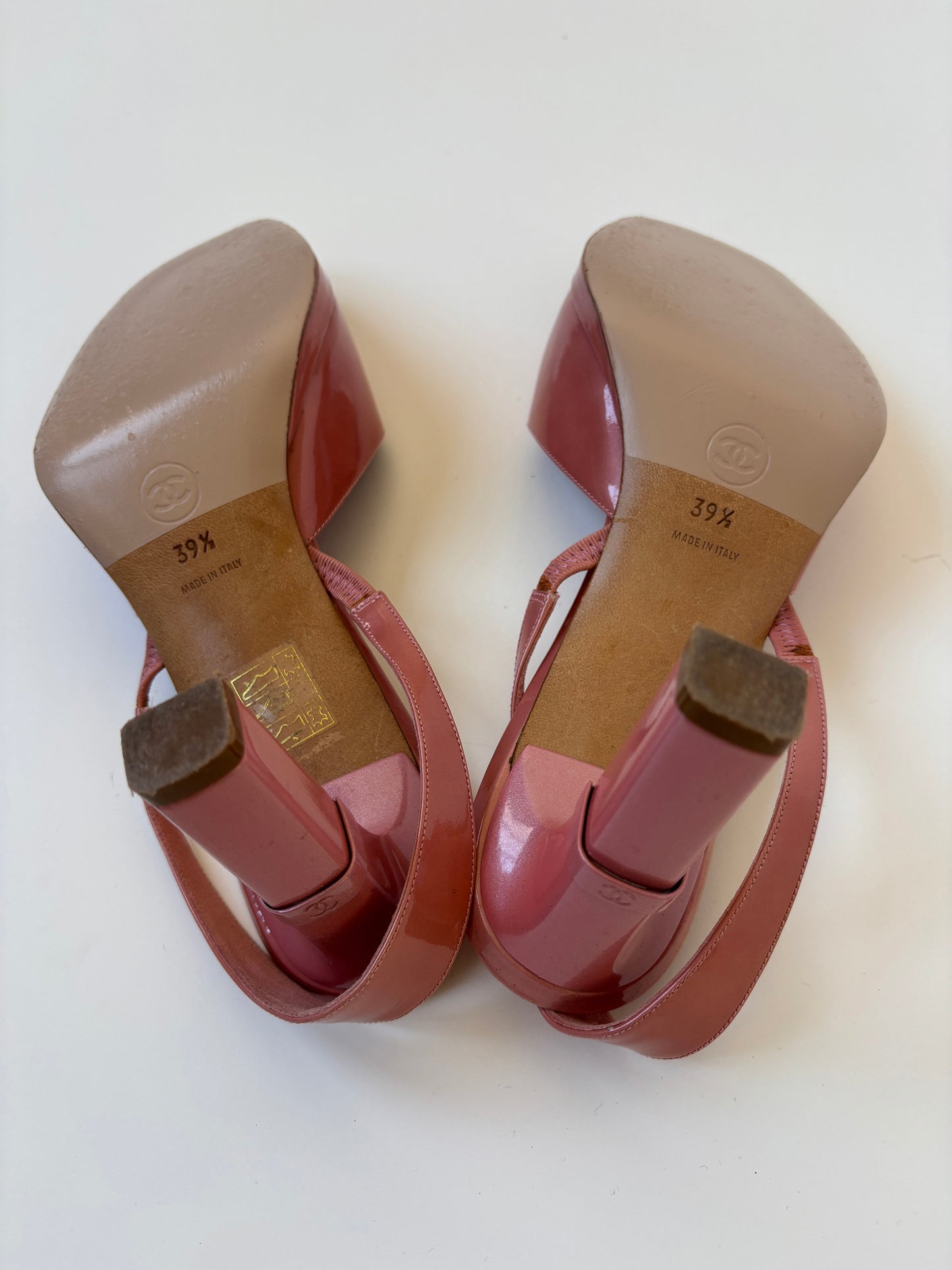 Chanel 2000s by Karl Lagerfeld CC pink patent leather platform heels (EU 39.5/ US 9 )