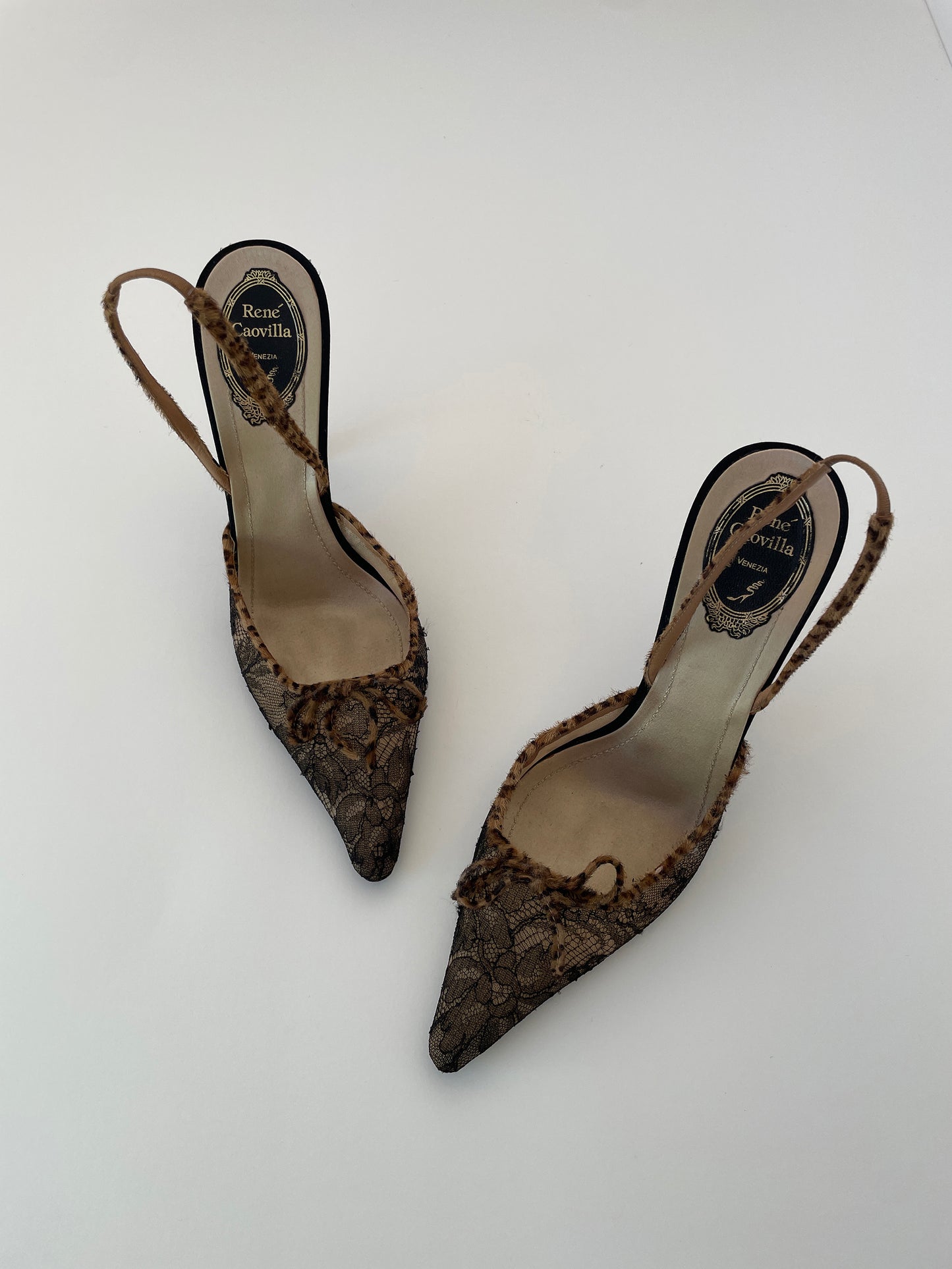 Vintage Rene Caovilla leopard pony hair lace slingbacks