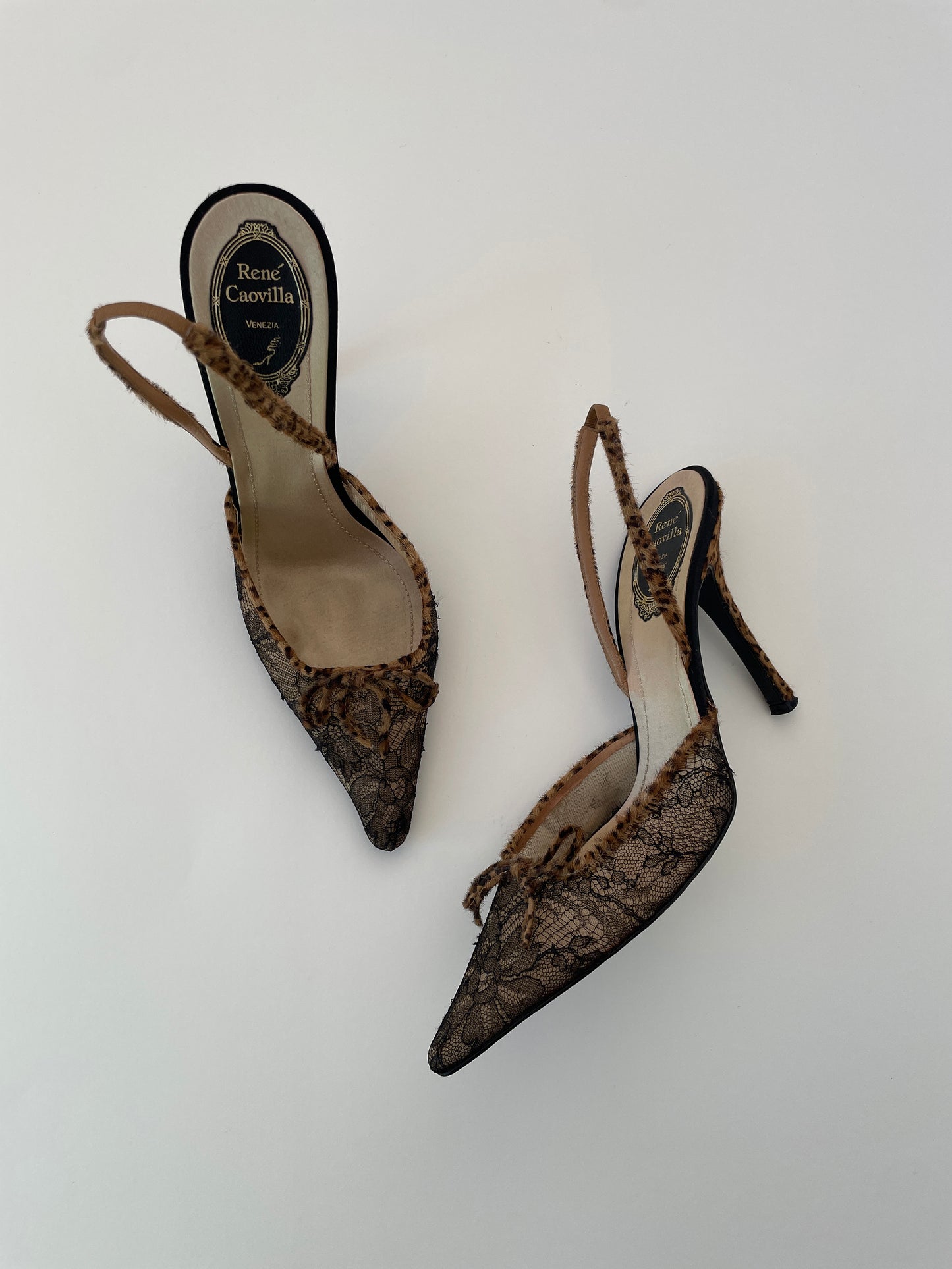 Vintage Rene Caovilla leopard pony hair lace slingbacks