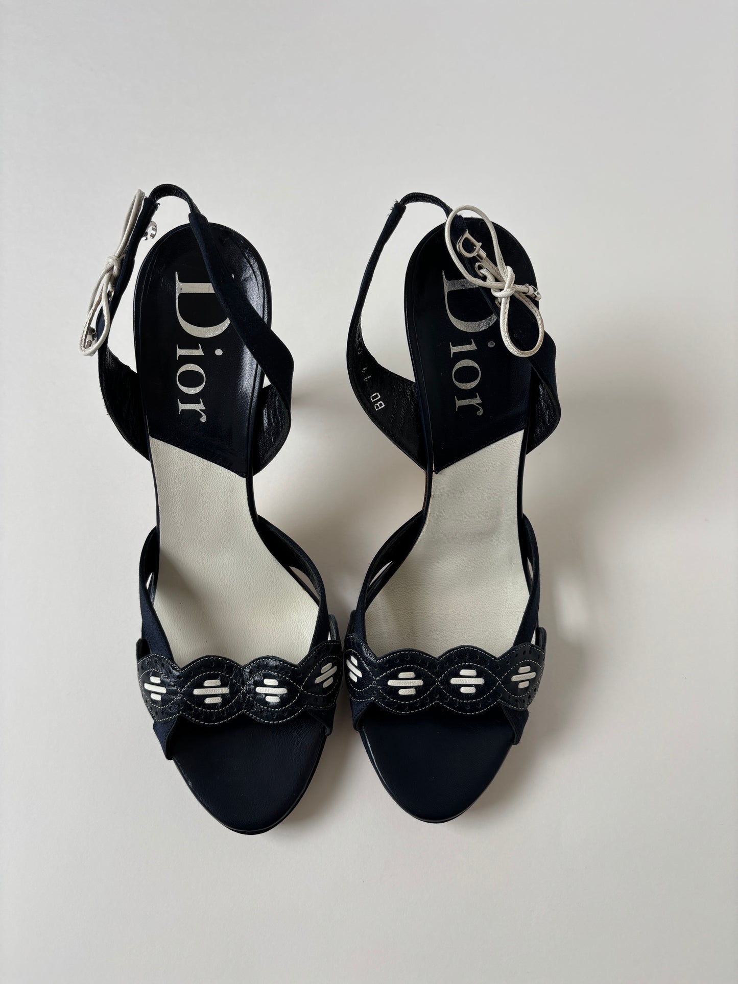 Christian Dior by John Galliano 2000s dark blue satin eyelet bow charm sandal heels (EU 40/ US 9.5)