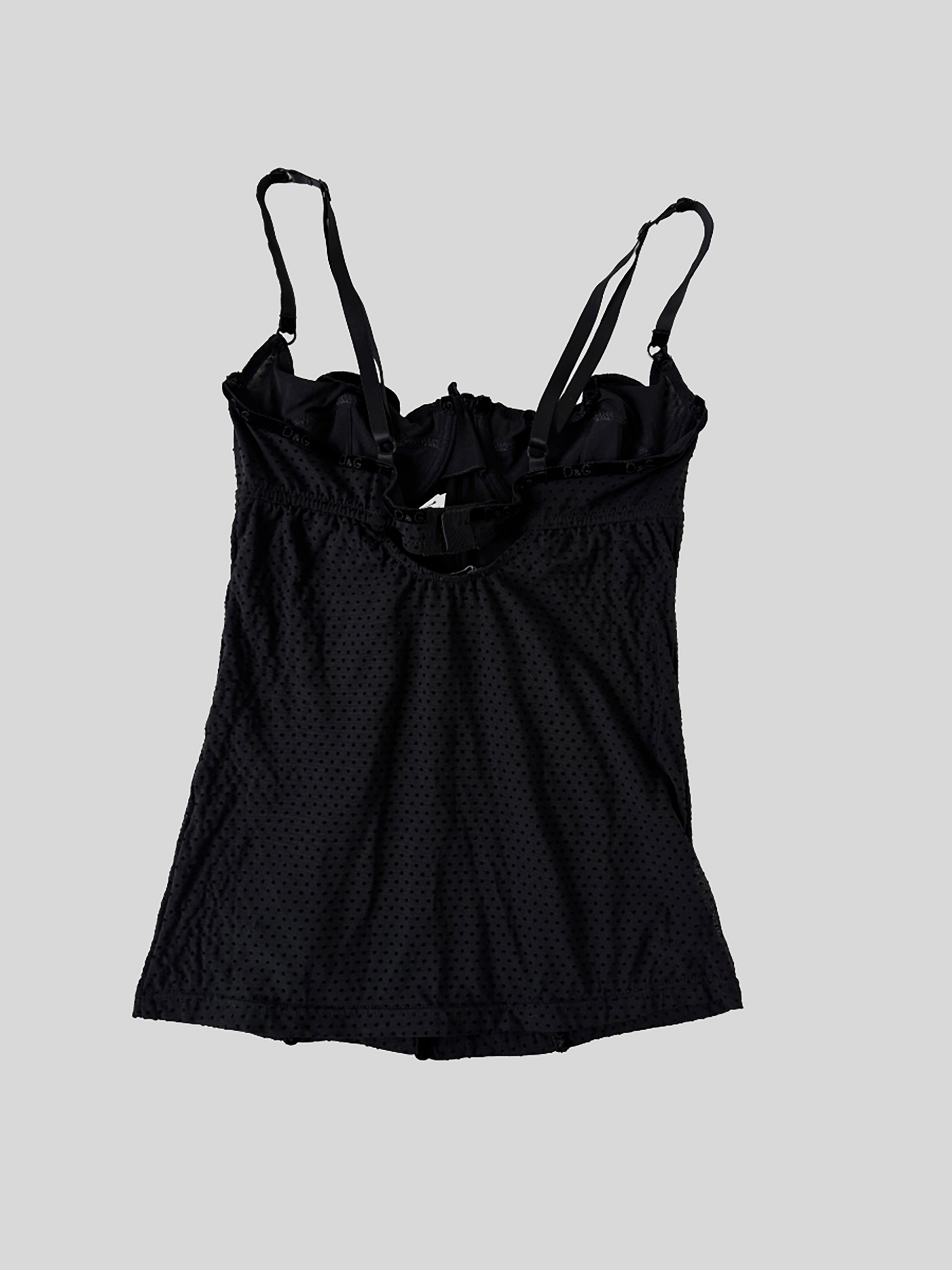 Vintage Dolce & Gabbana 2000s black sheer corset top with tiny dots and velvet details.