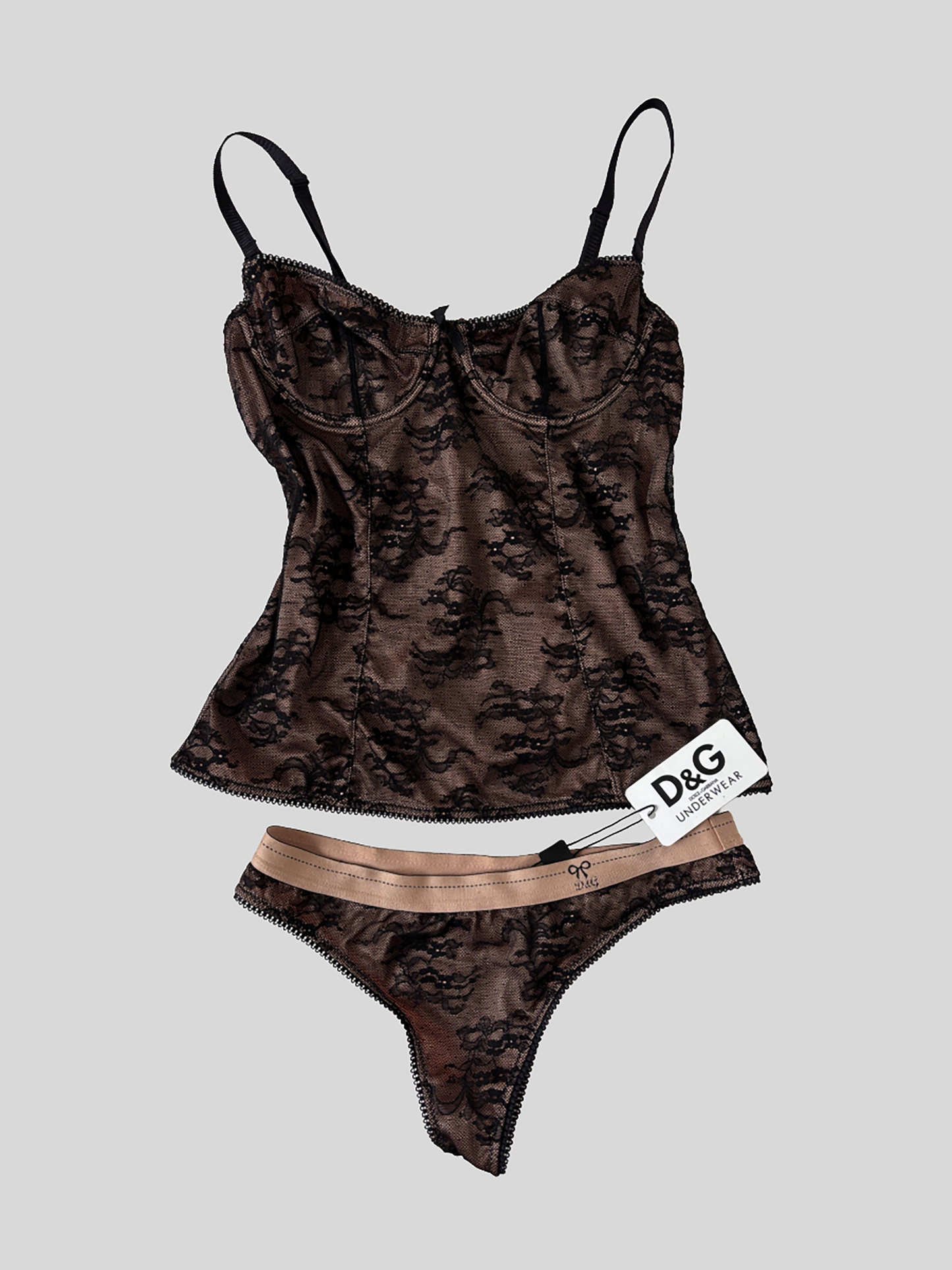 Vintage Dolce & Gabbana 2000s black lace bra corset top with sheer rose lining in UNWORN condition.