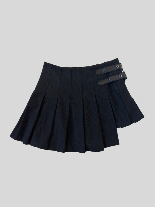 Vintage Dolce & Gabbana S/S 2003 asymmetrical dark grey wool skirt with adjustable leather straps. Can be worn in two different ways