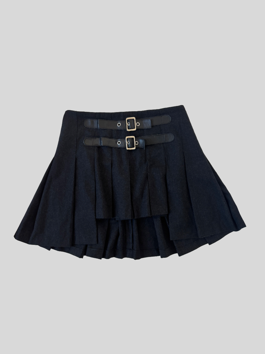 Vintage Dolce & Gabbana S/S 2003 asymmetrical dark grey wool skirt with adjustable leather straps. Can be worn in two different ways