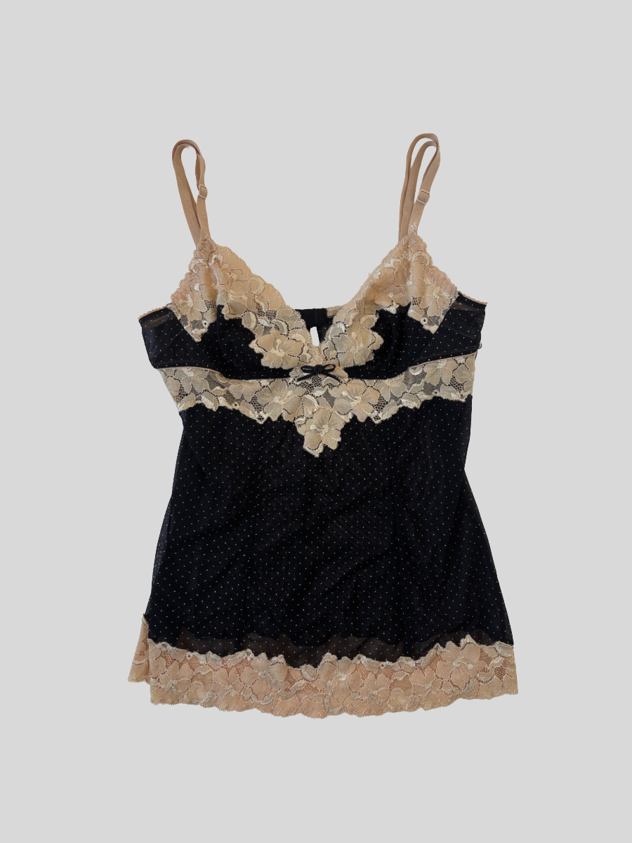 Vintage Dolce & Gabbana cami mesh top with cute mini polka dots and nude lace