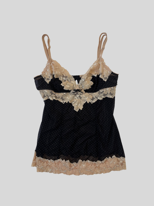 Vintage Dolce & Gabbana cami mesh top with cute mini polka dots and nude lace